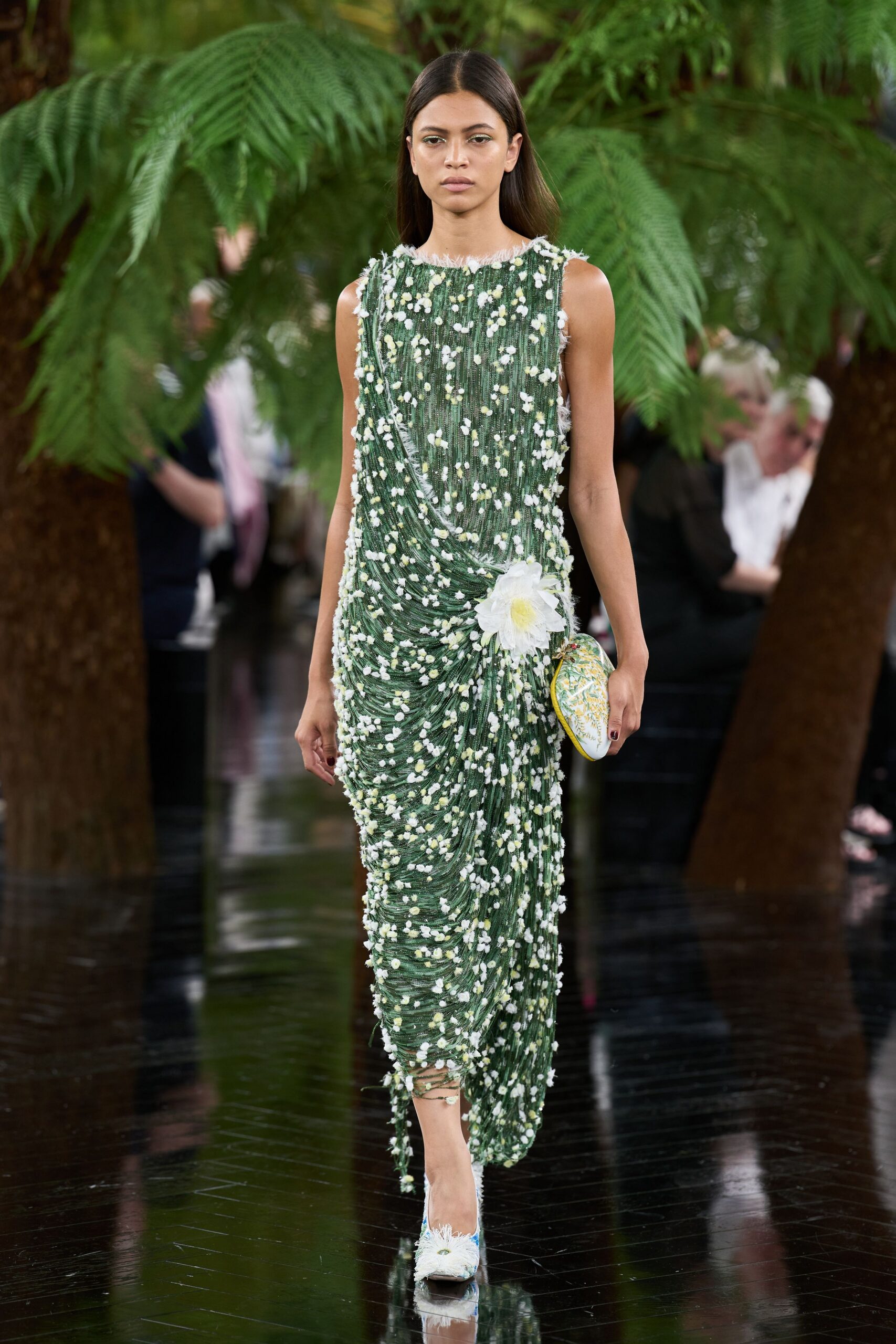 green silk sleeveless high-neck fitted embellished draped dress