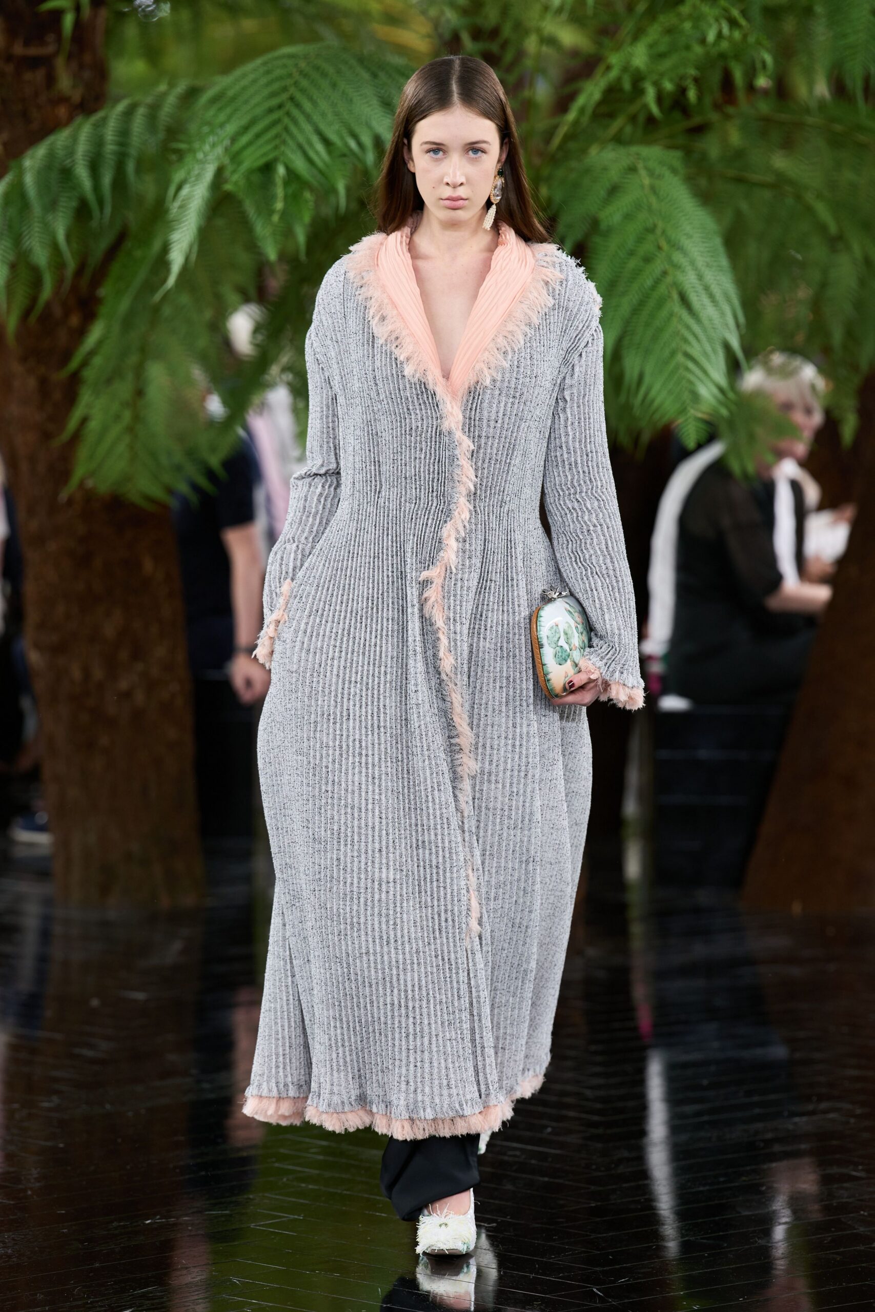 gray cotton long-sleeve v-neck relaxed ruffled layered dress