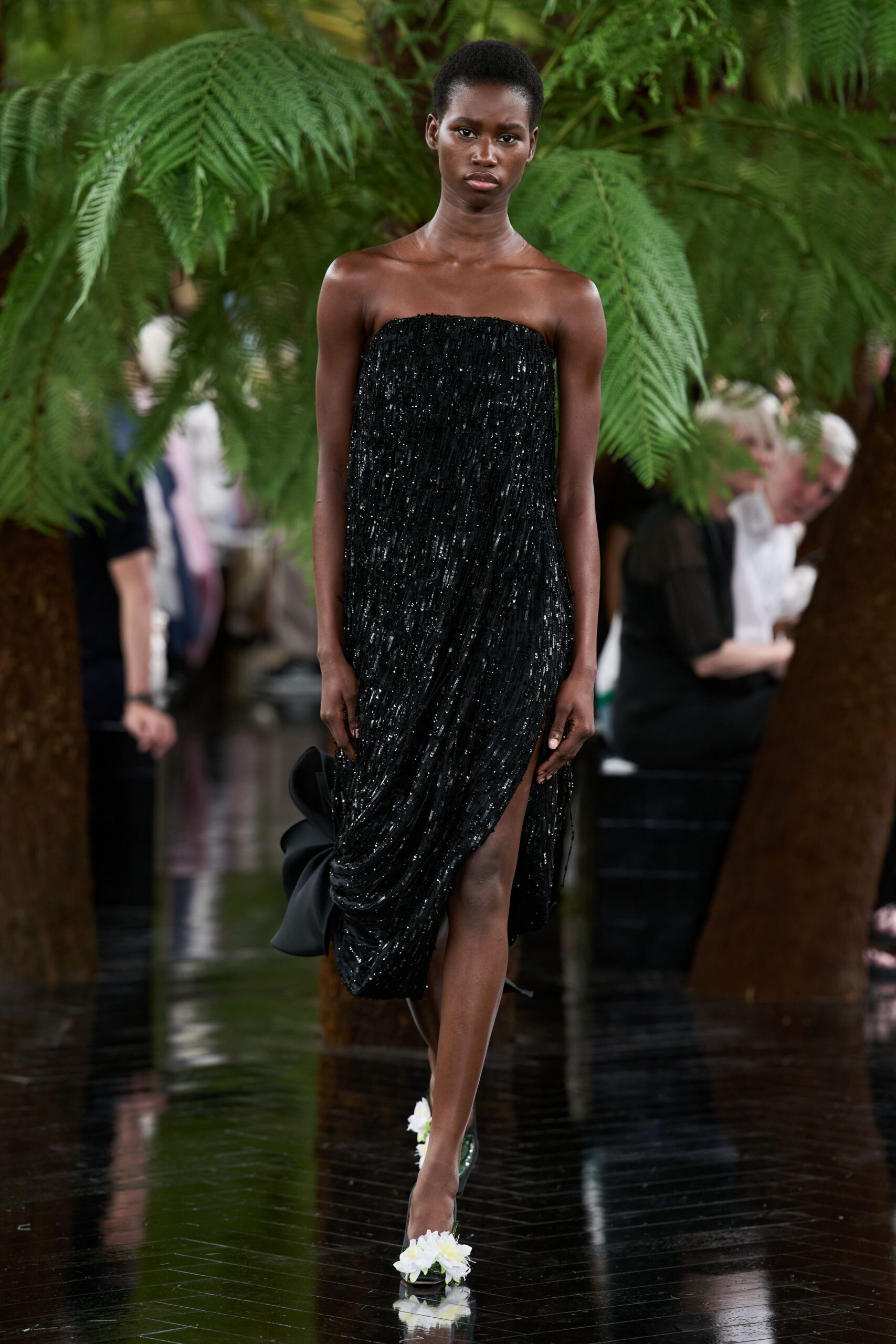 black silk strapless slit fitted pleated shiny dress