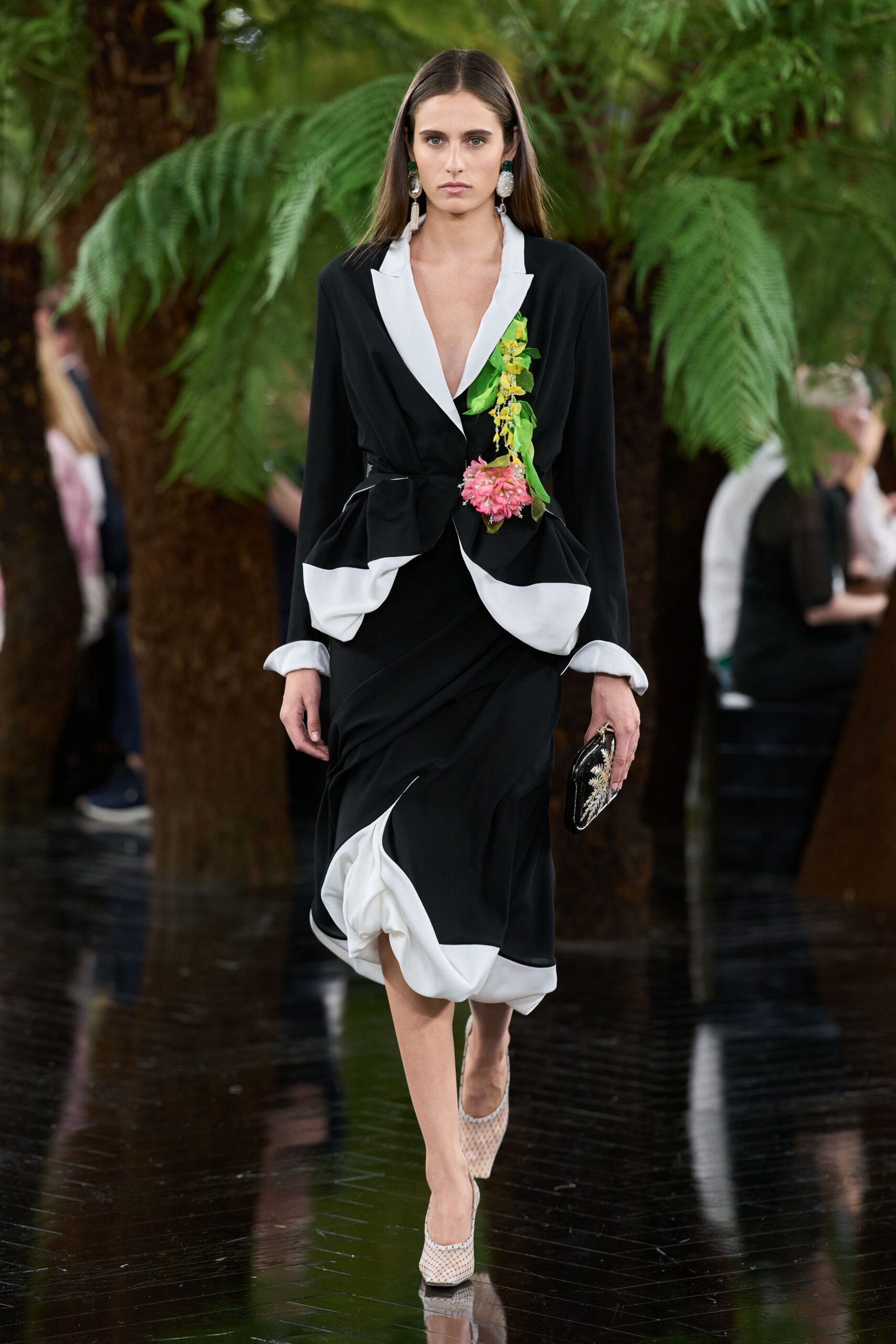 black silk long-sleeve collared fitted layered buttoned dress
