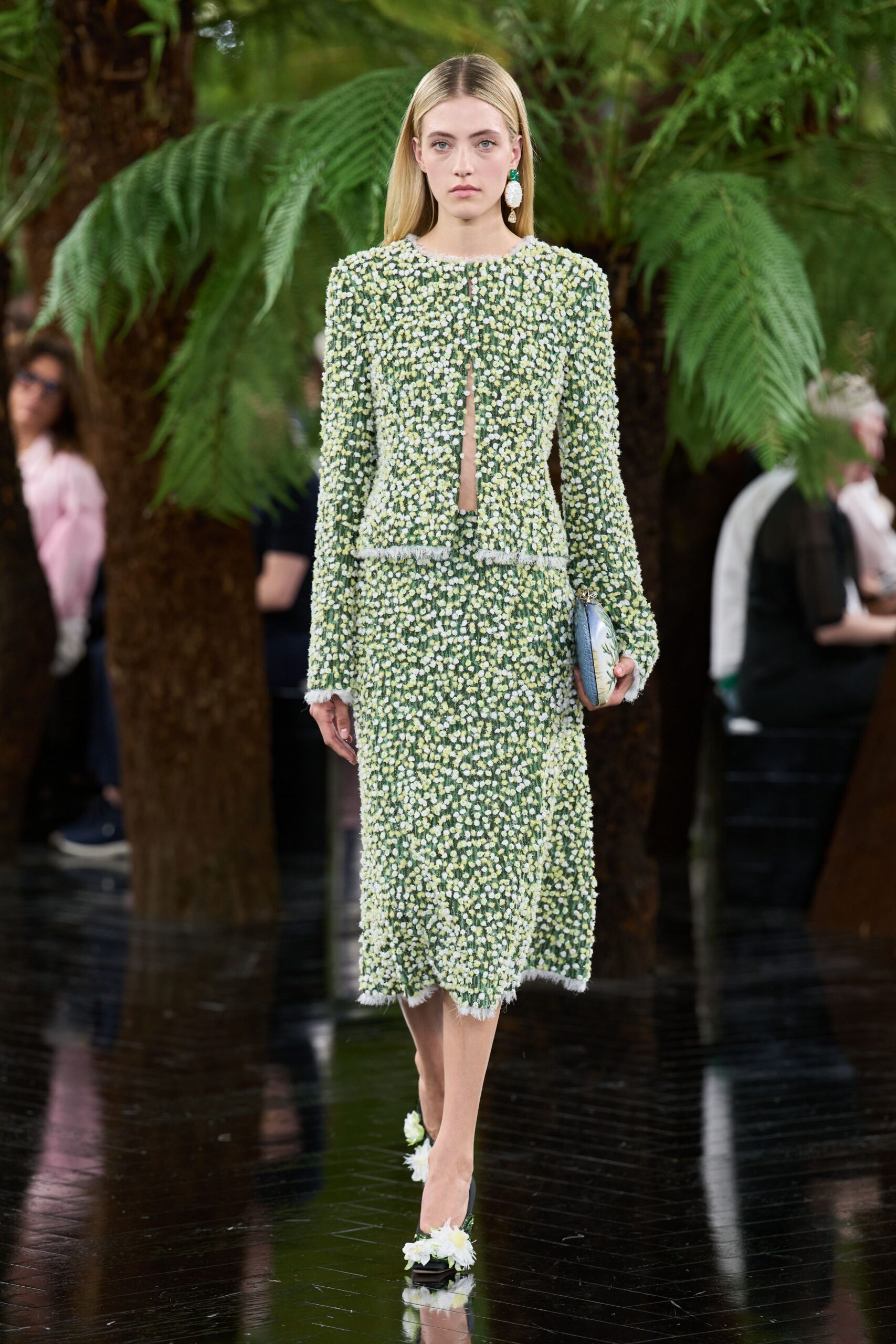 green silk long-sleeve v-neck fitted embroidered tiered dress