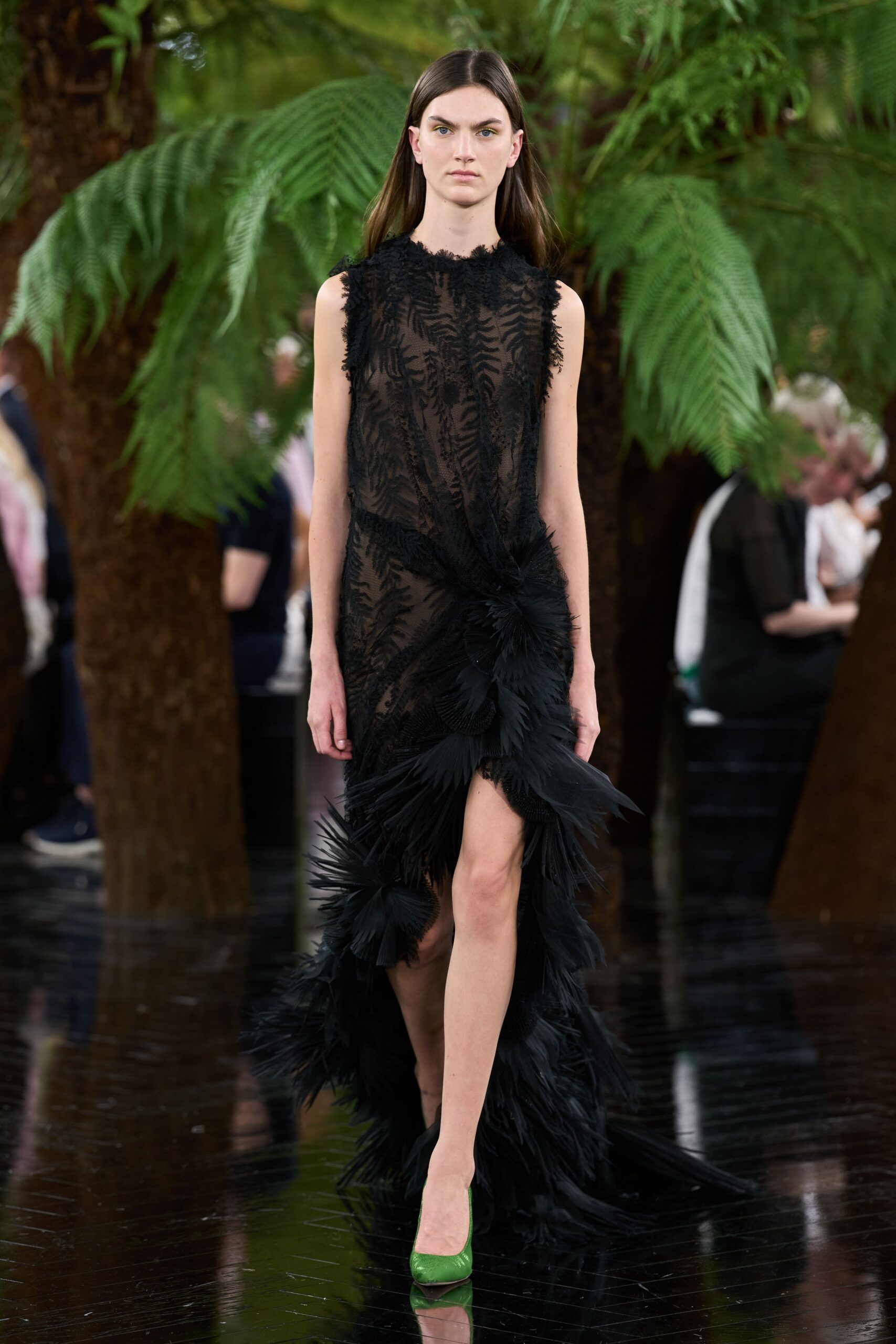 black silk sleeveless high-neck fitted ruffled layered gown