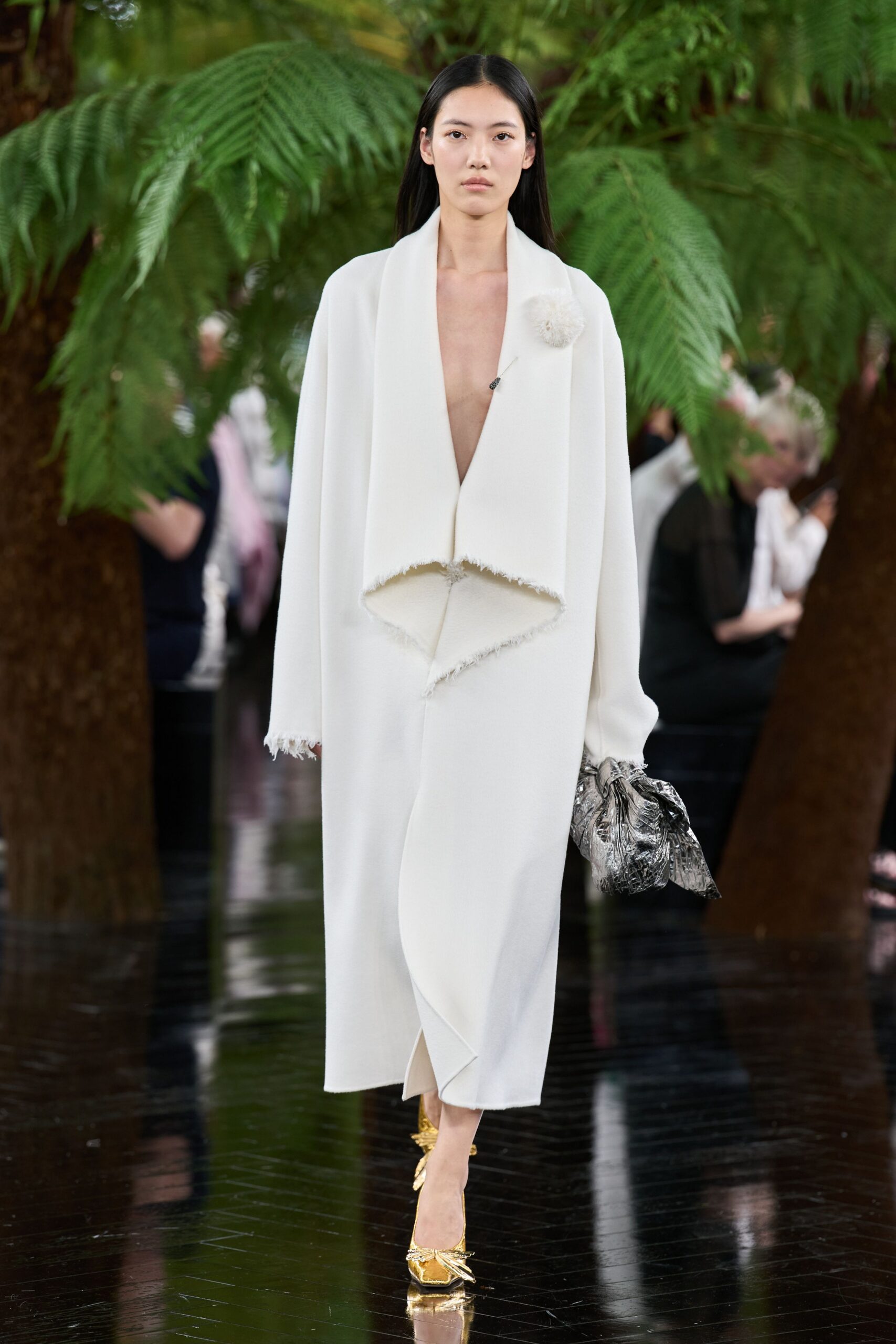 white wool long-sleeve v-neck relaxed draped maxi coat