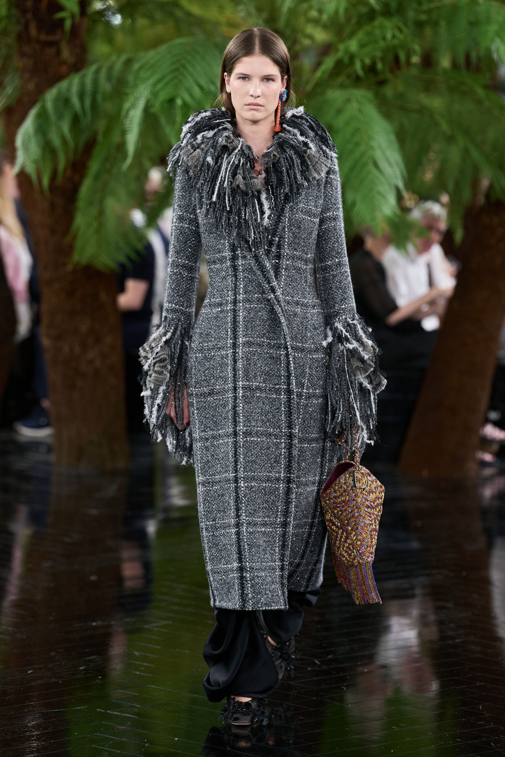 gray wool long-sleeve collared fitted checked fringed coat