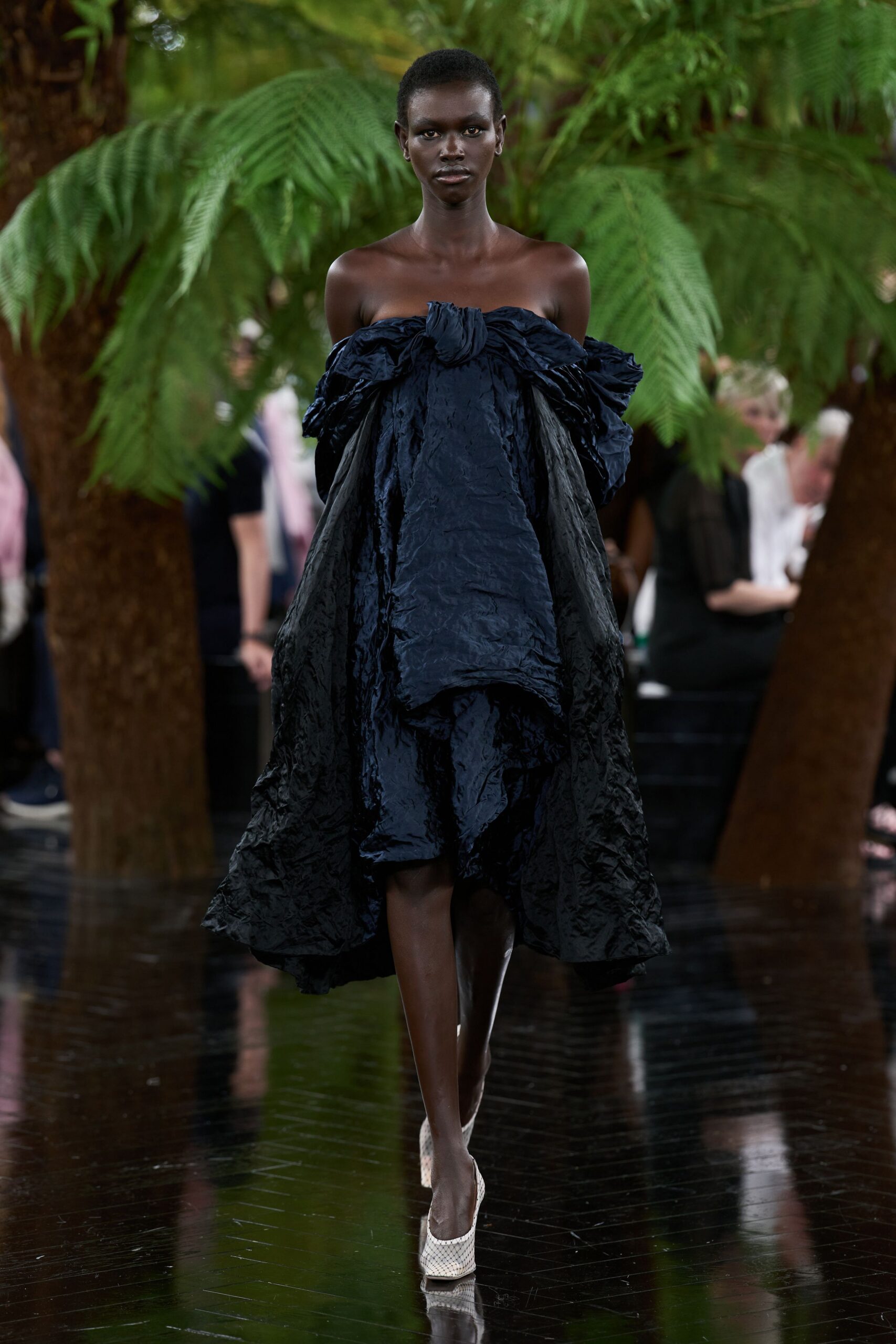 black silk sleeveless off-shoulder fitted draped flowing dress