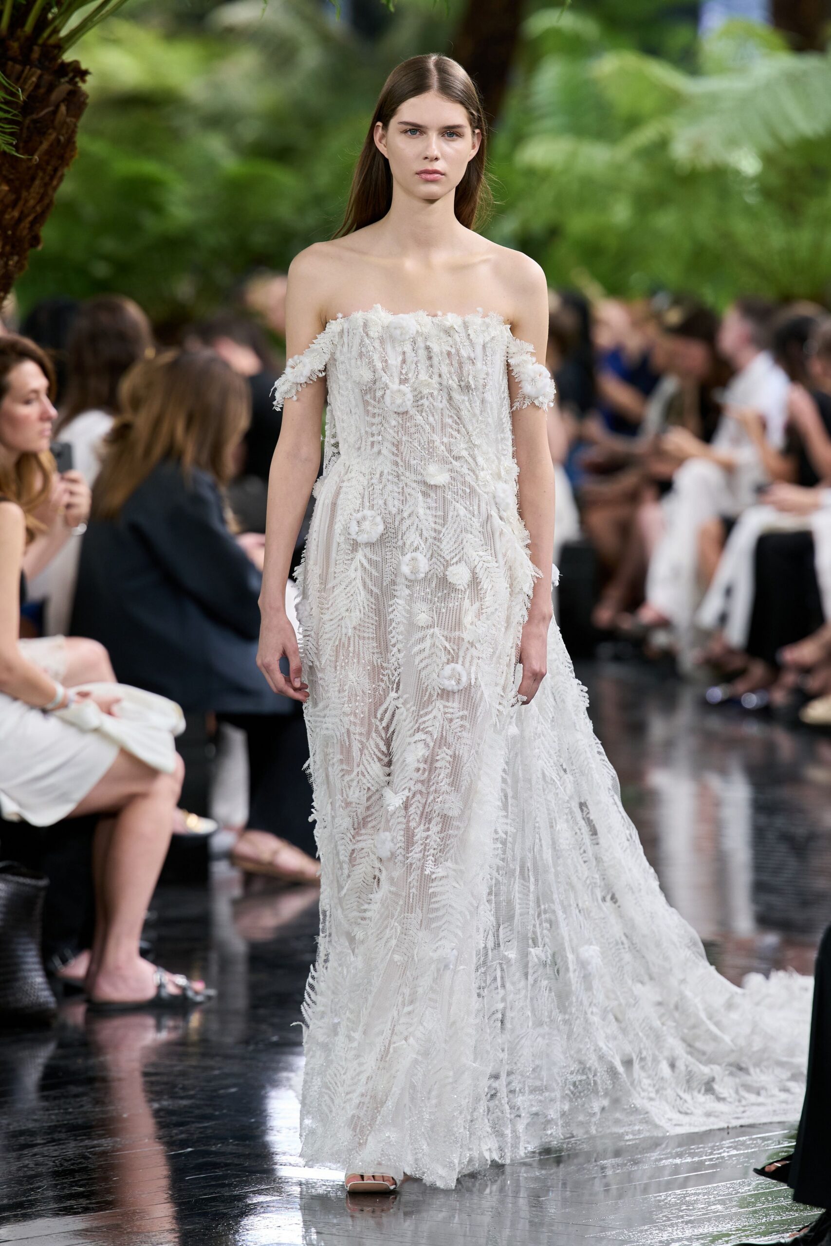 white lace strapless fitted embroidered flowing sheer gown