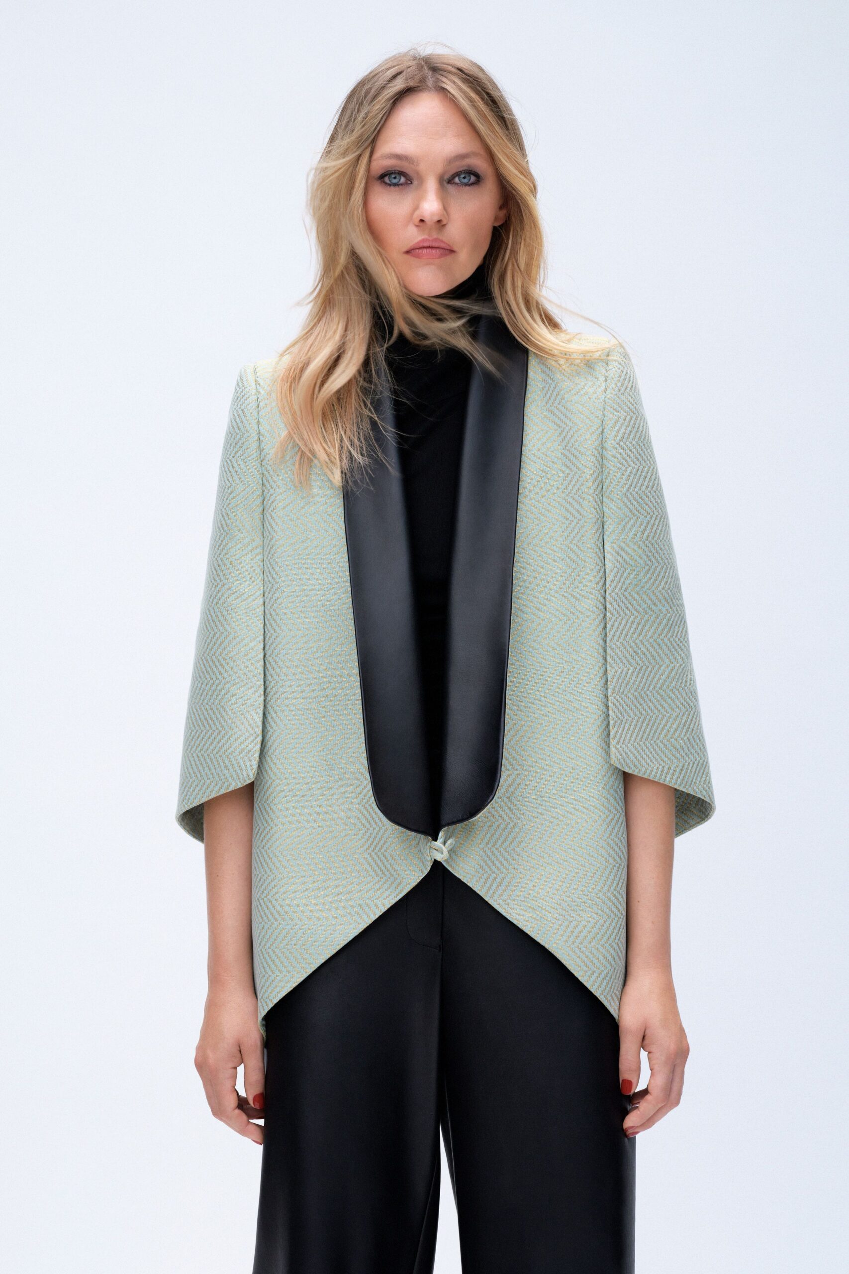 green cotton long-sleeve collared relaxed layered jacket