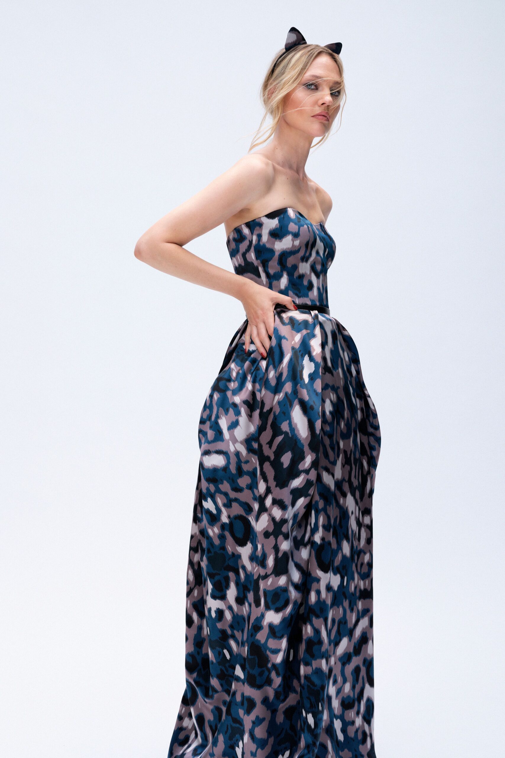blue silk strapless fitted pleated maxi gown