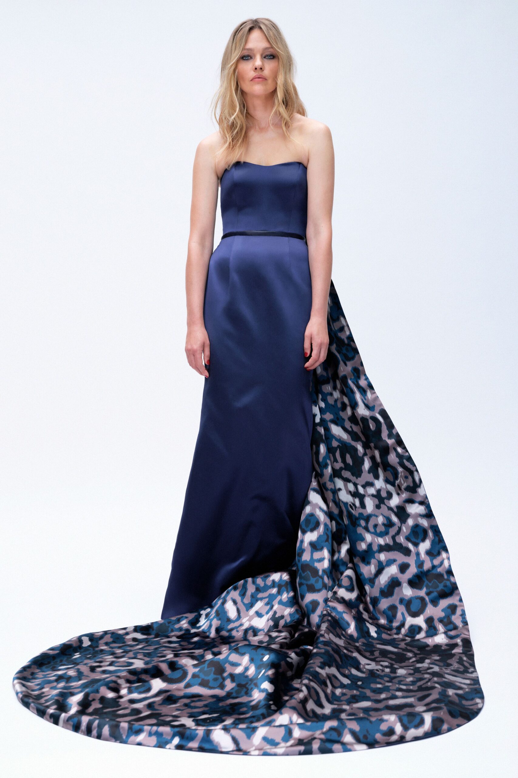blue silk strapless gown