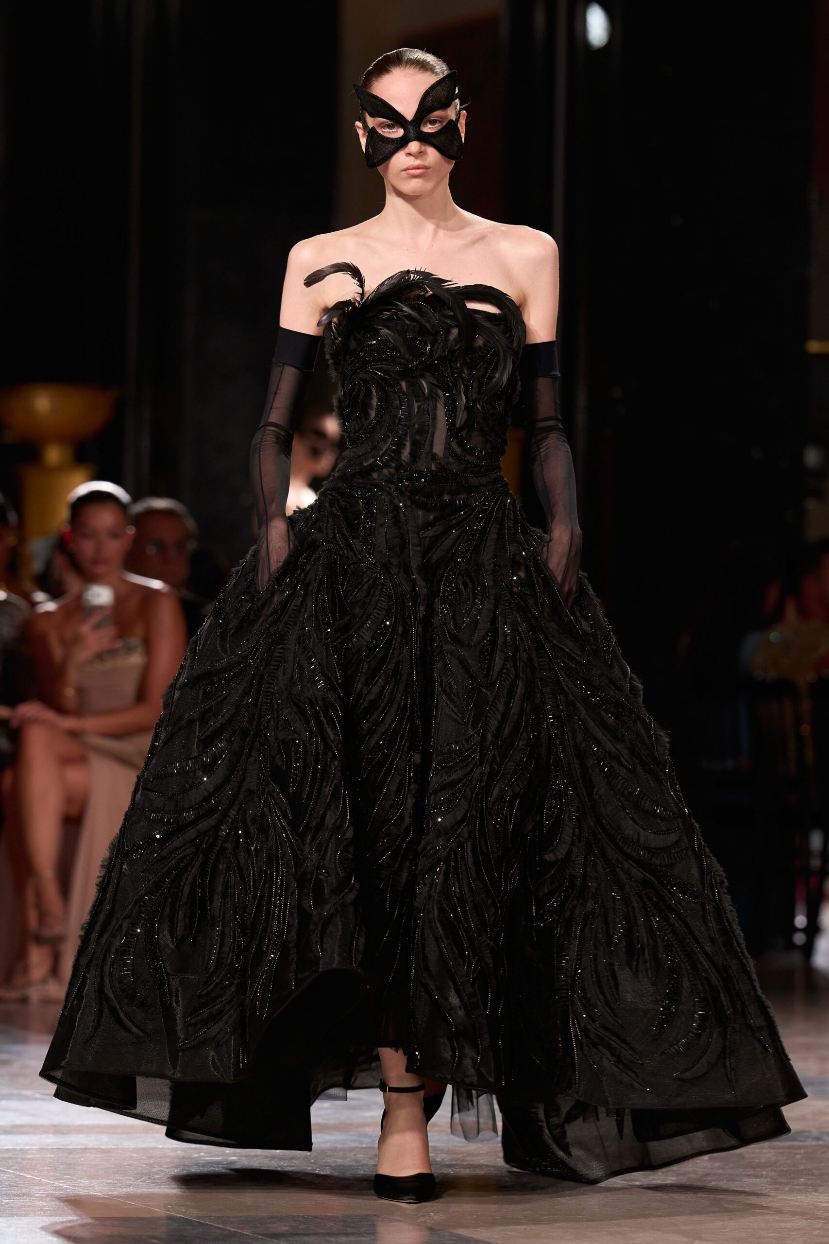 black silk strapless fitted embellished layered shiny gown
