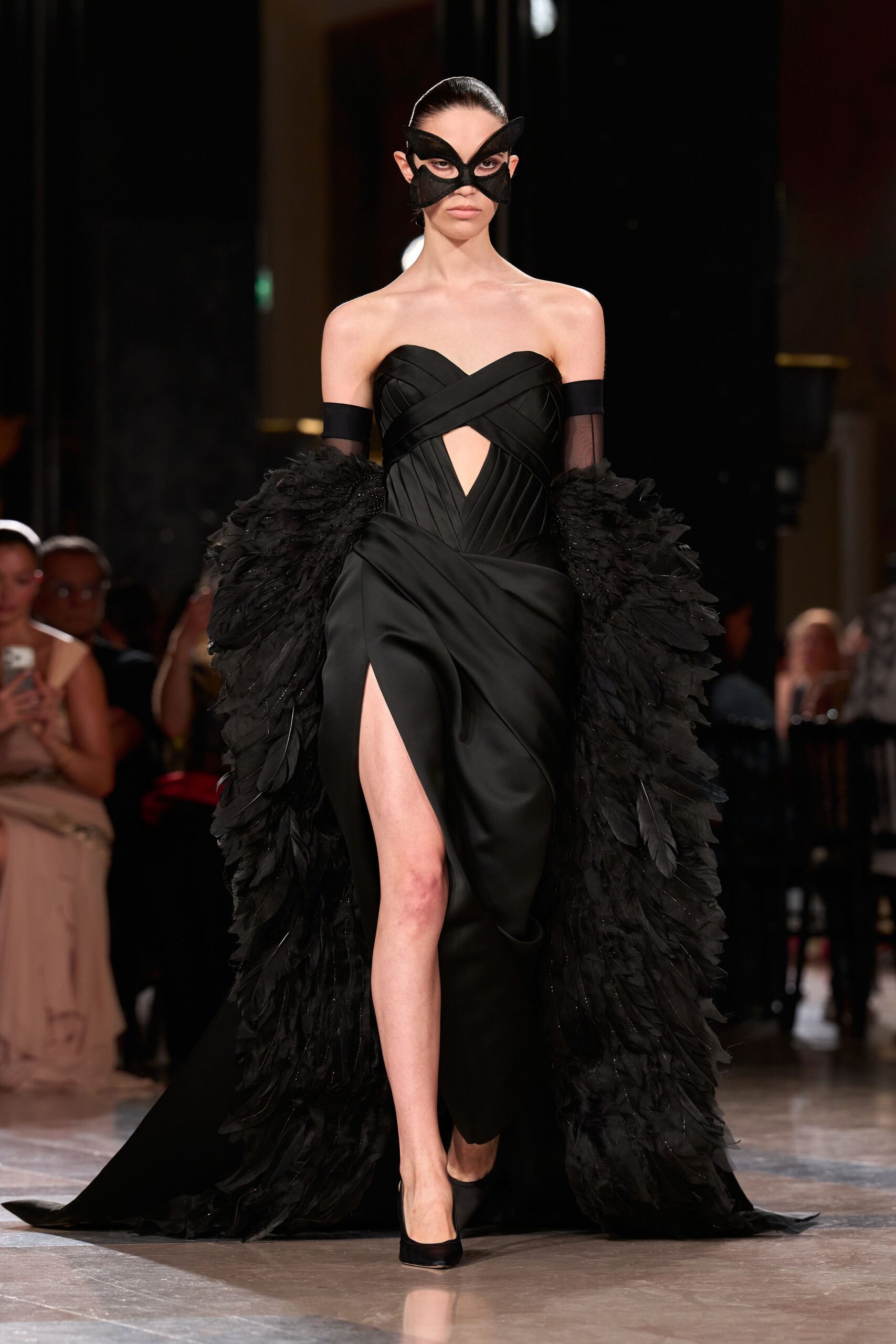 black silk sleeveless v-neck fitted draped layered gown