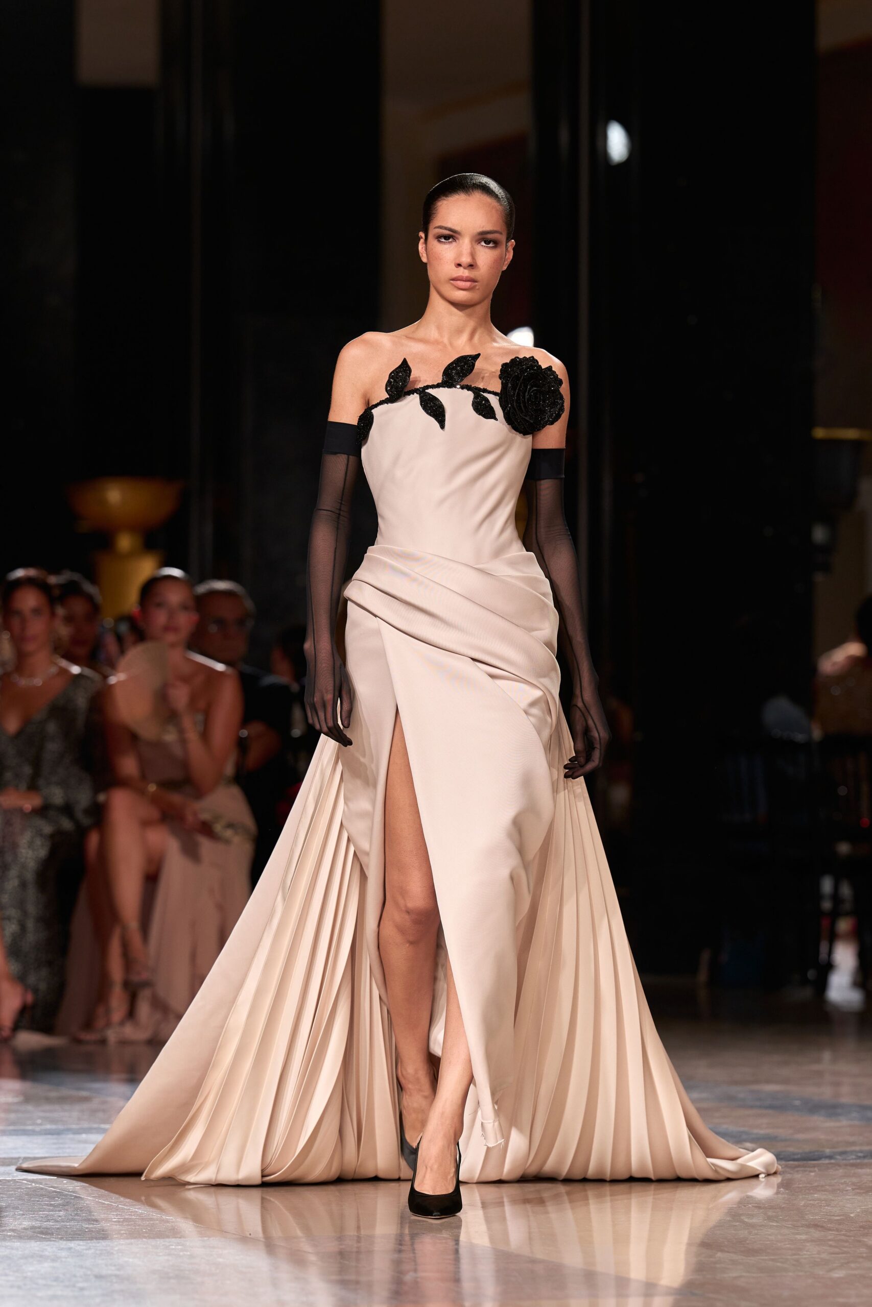 beige silk strapless high-neck fitted pleated embroidered gown