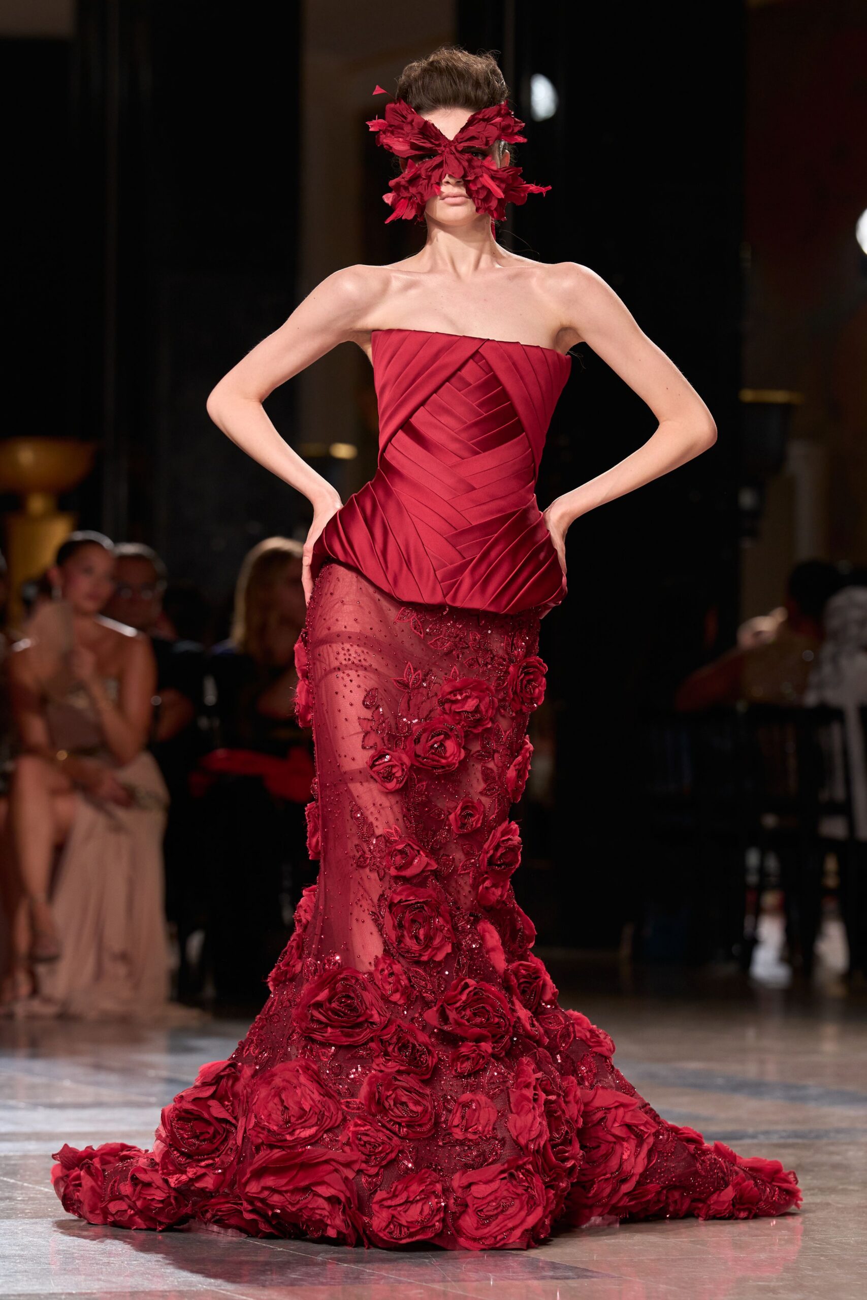 red strapless embroidered gown