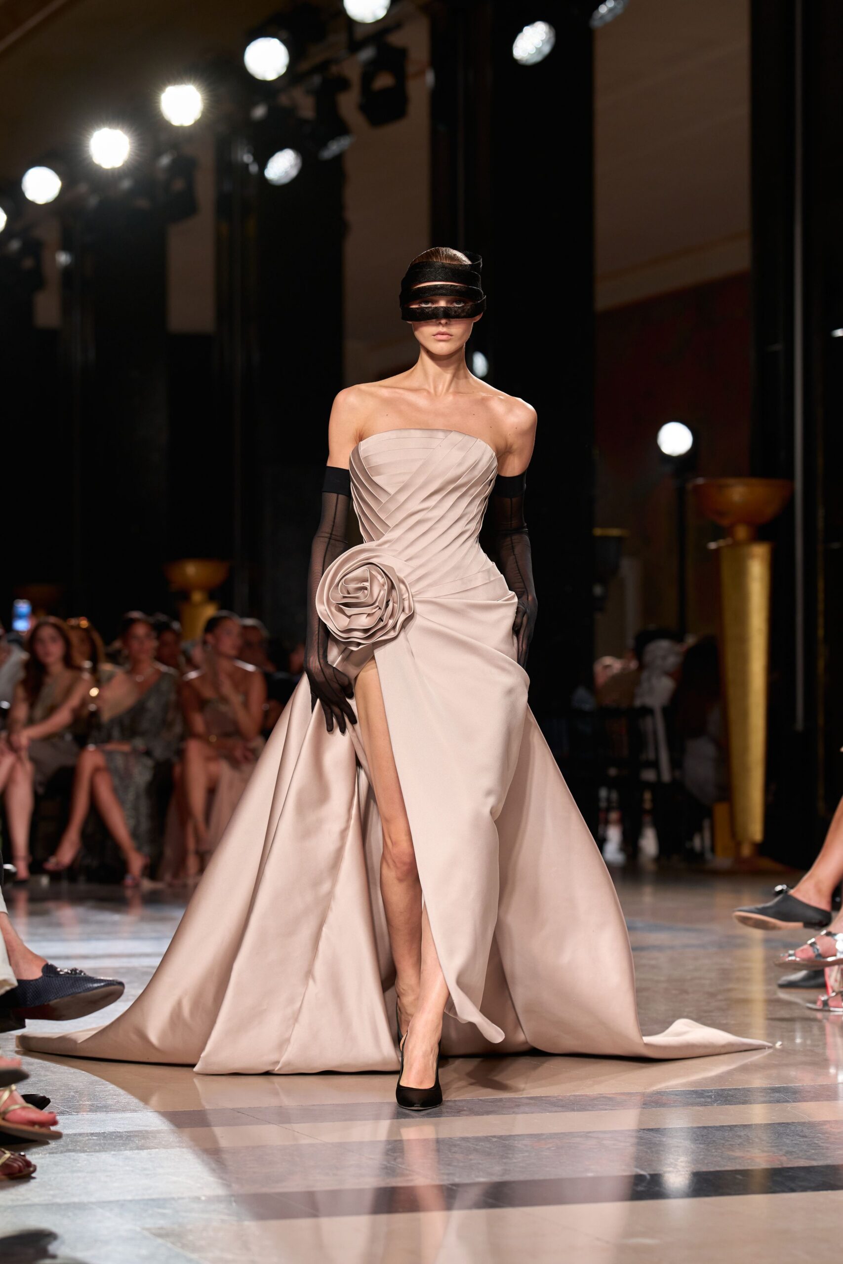 beige silk strapless slit fitted ruched flowing gown