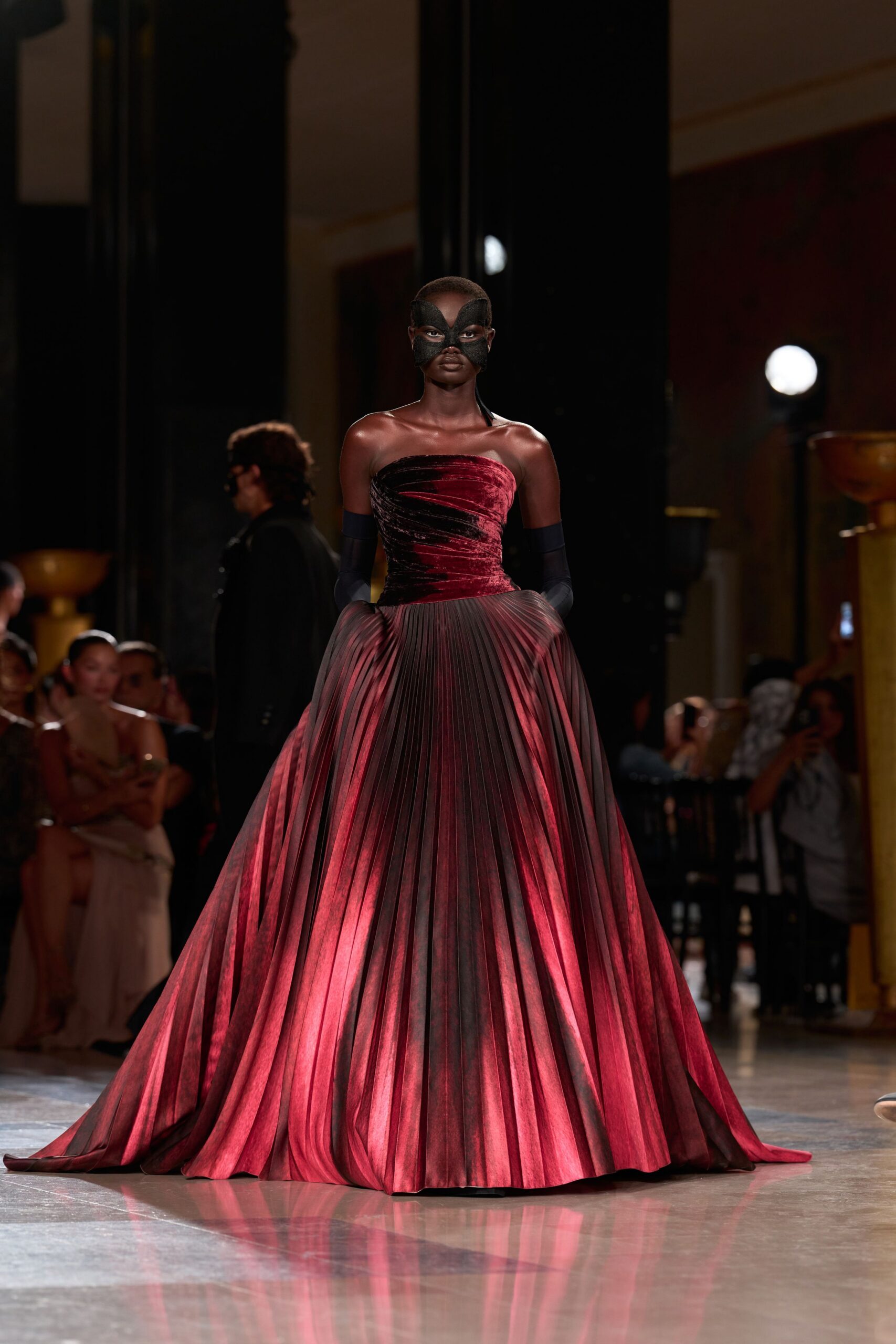 red and black pleated gown