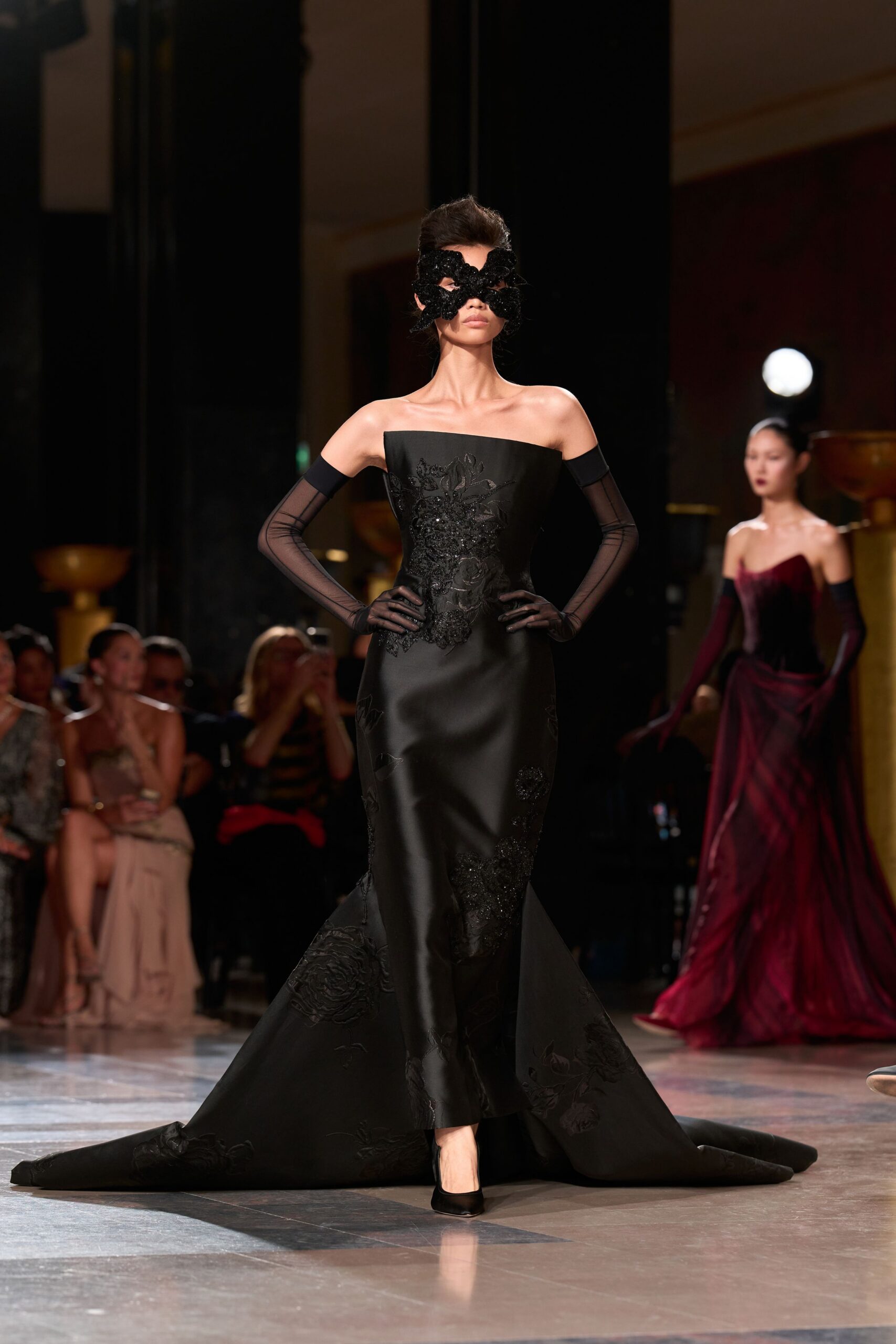 black silk strapless fitted embroidered maxi gown
