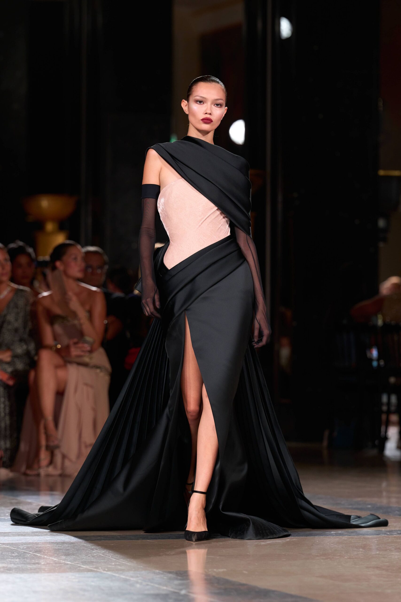 black silk sleeveless off-shoulder fitted draped flowing gown