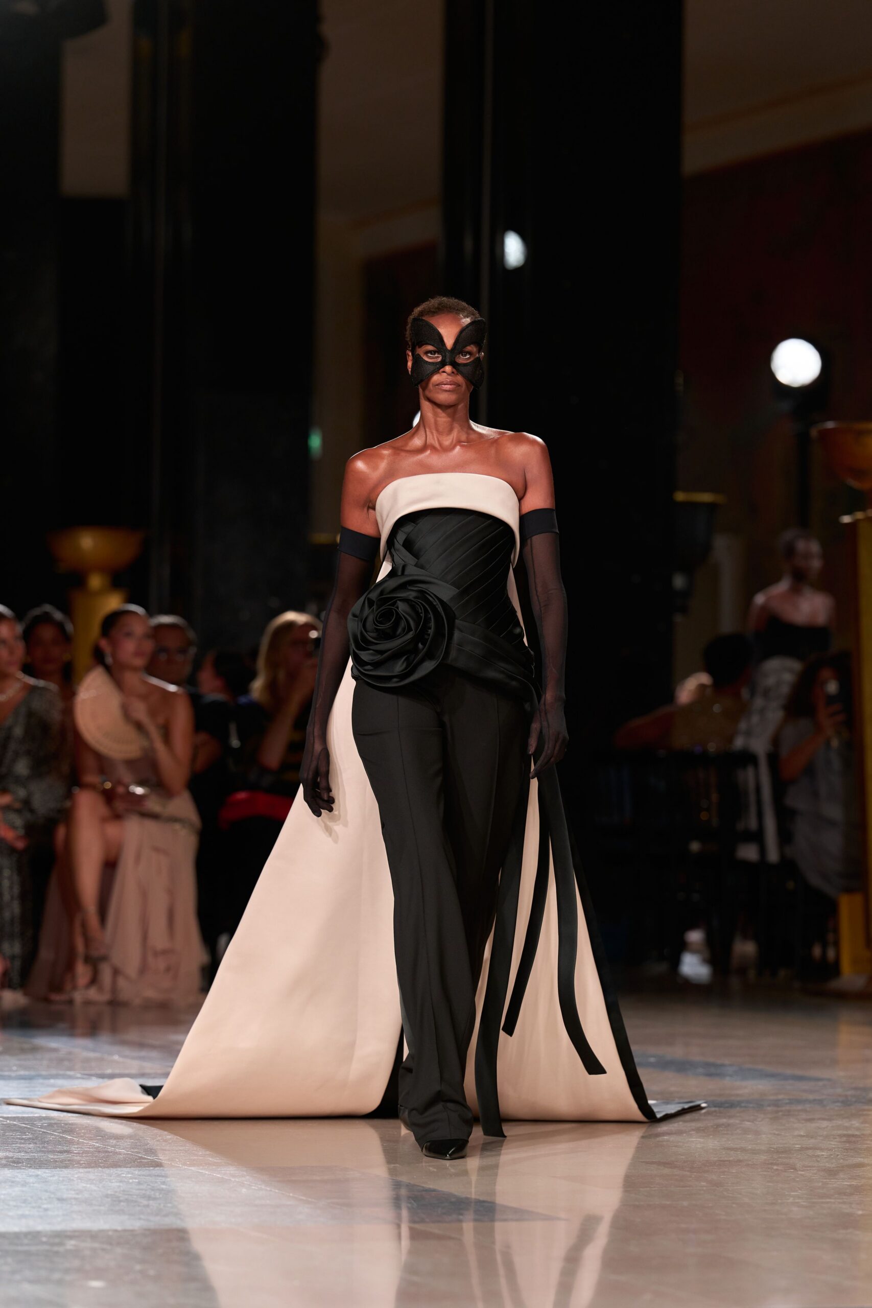 black and white strapless gown