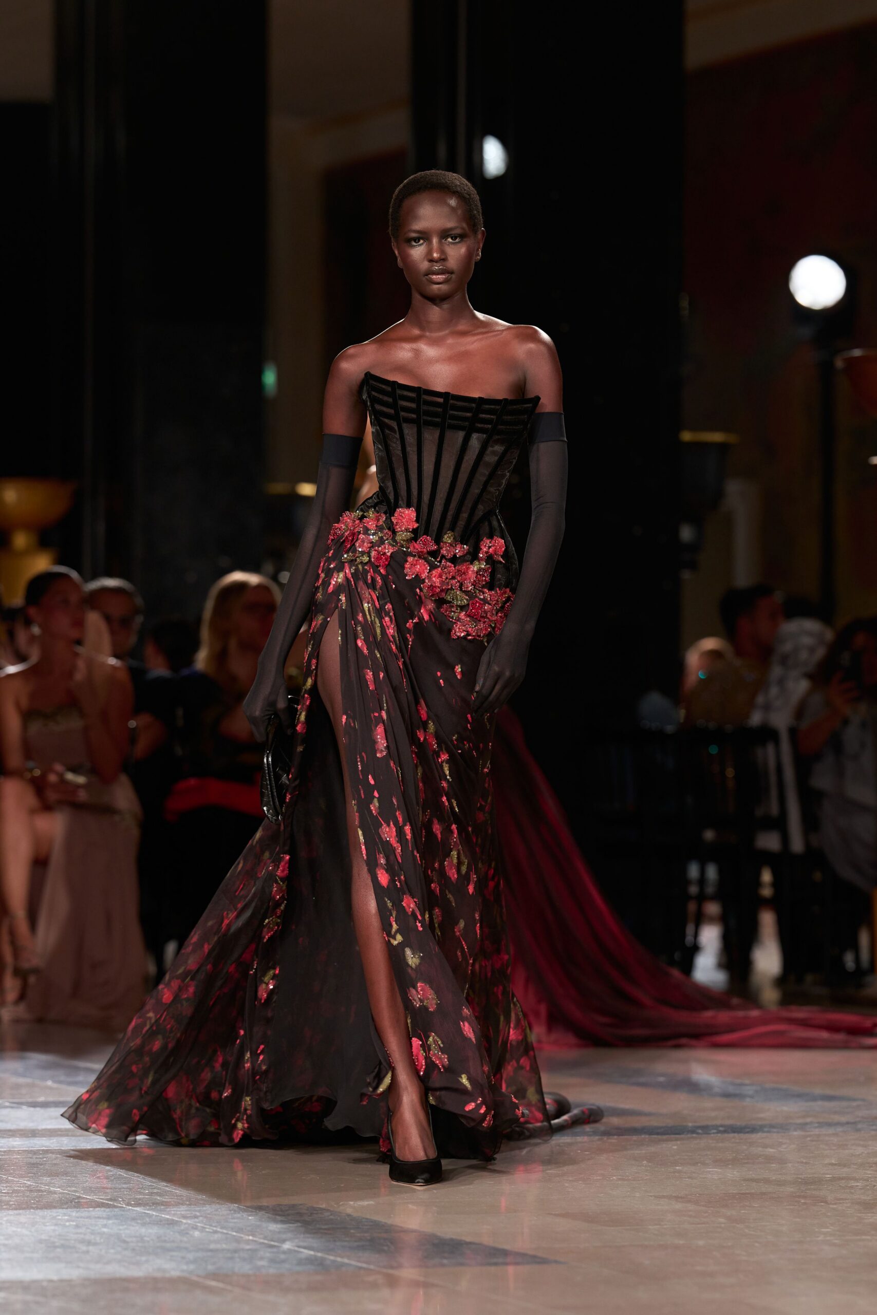 black silk strapless fitted floral layered sheer gown