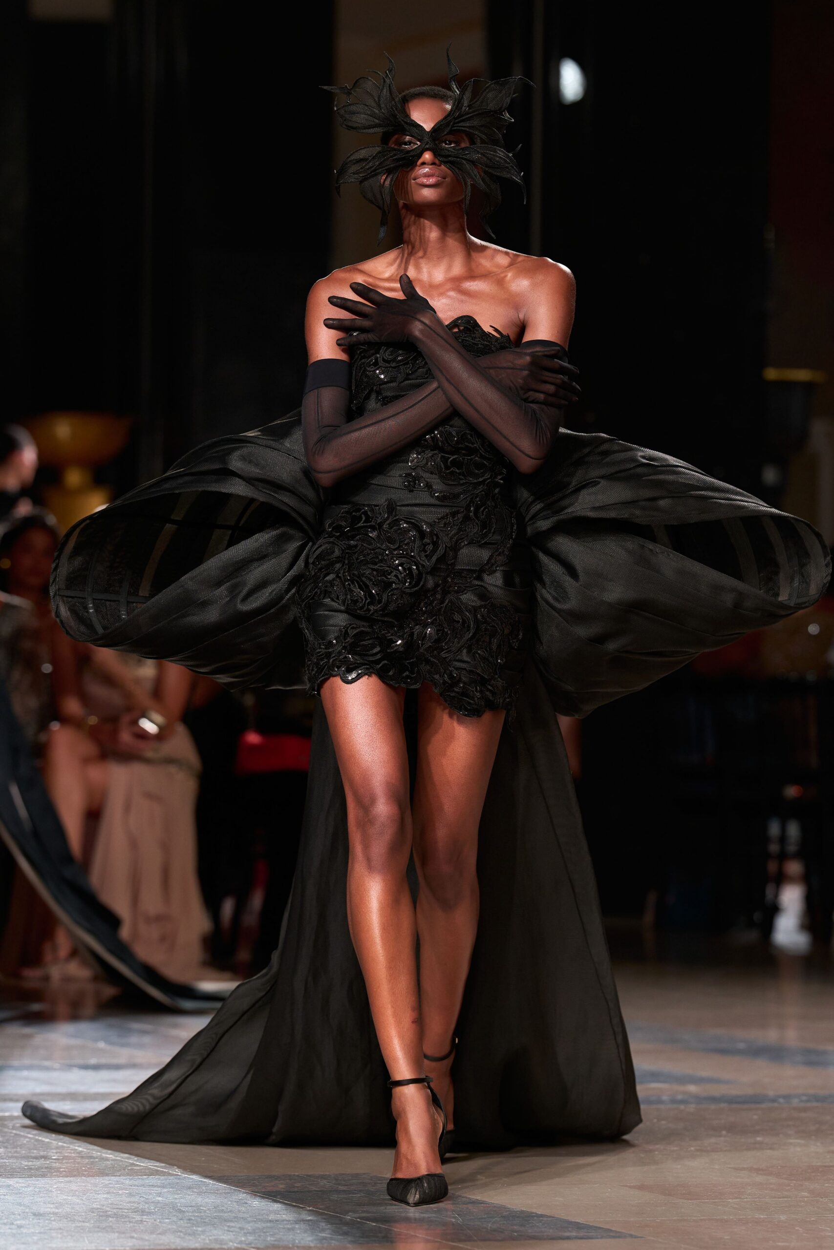 black silk strapless fitted ruffled embroidered mini dress