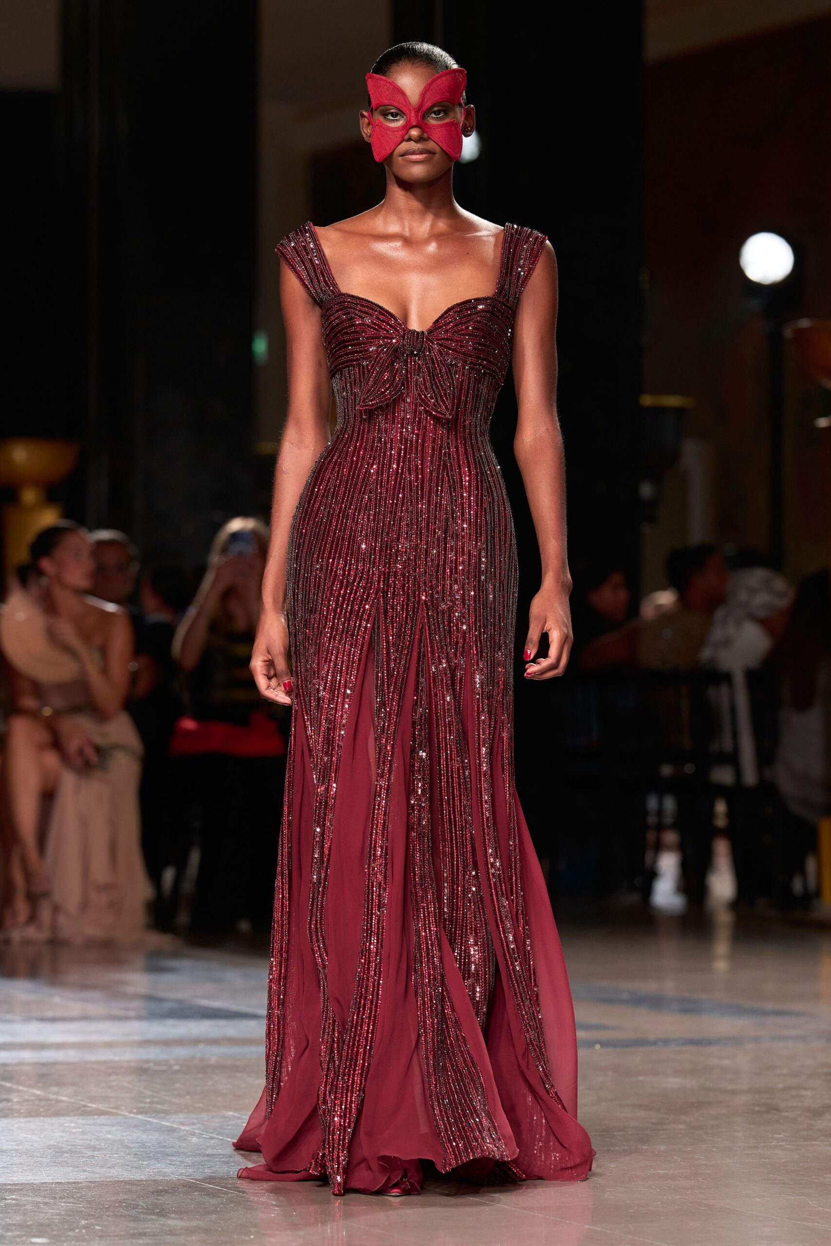 maroon embellished sleeveless gown