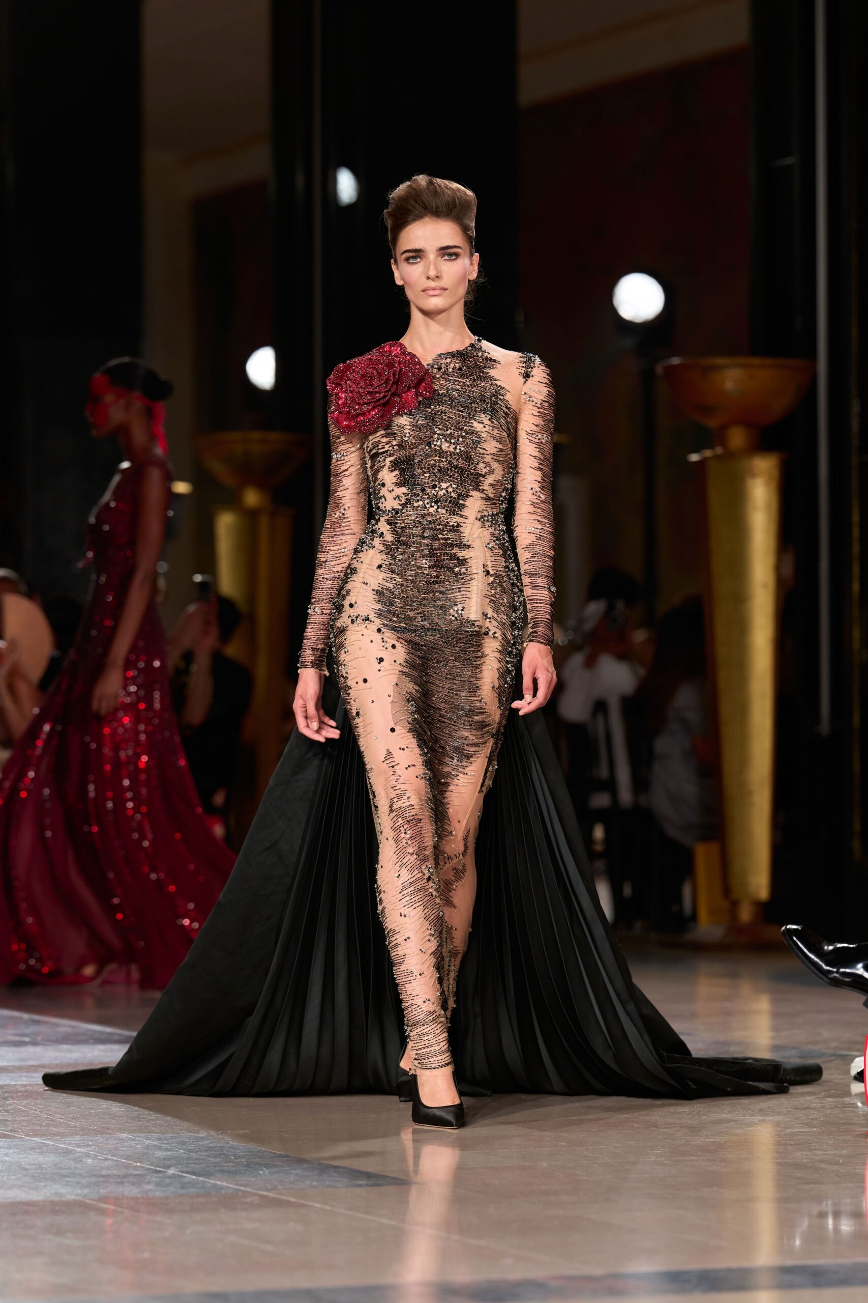 black silk long-sleeve off-shoulder fitted embroidered layered gown