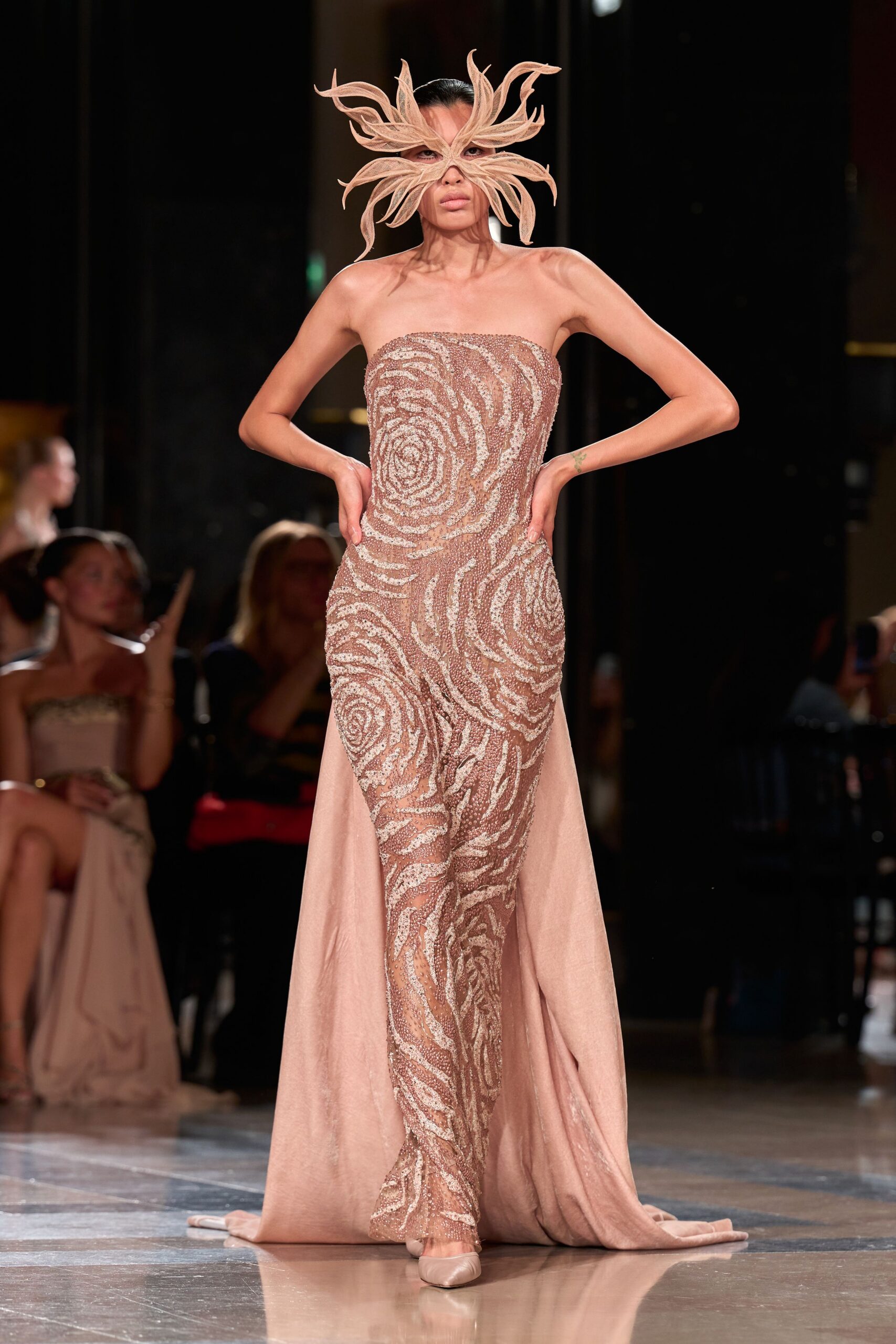 beige silk strapless fitted sequined draped shiny gown
