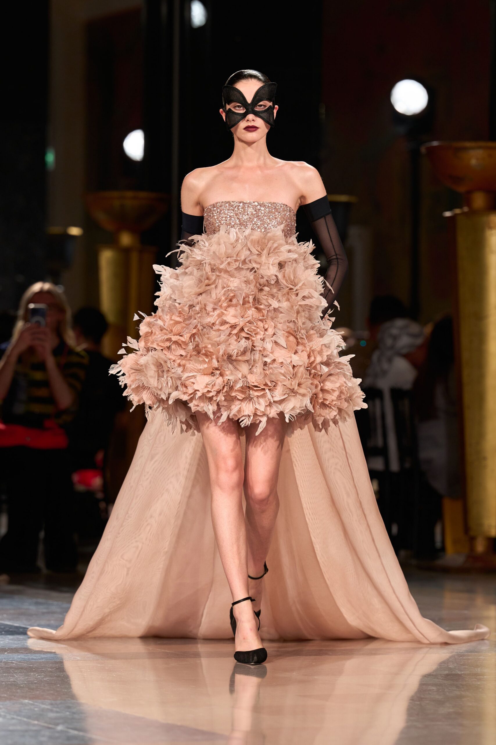 beige silk strapless fitted ruffled tiered flowing dress