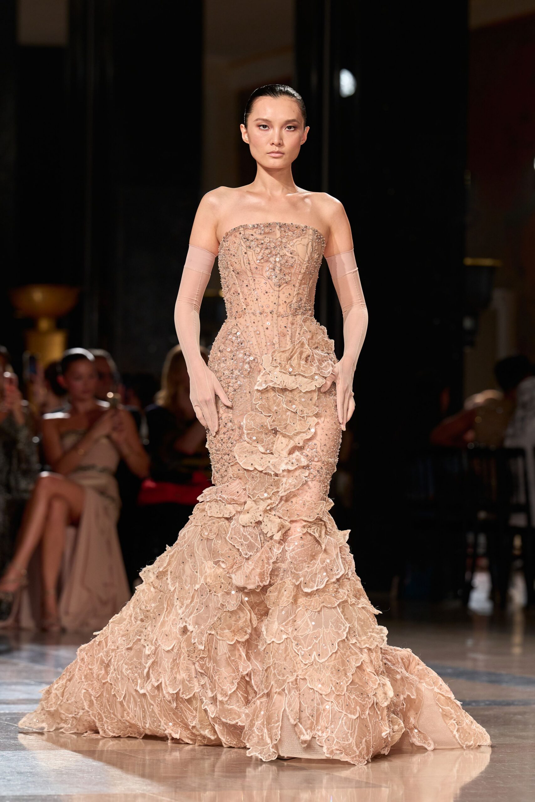 beige strapless ruffled gown