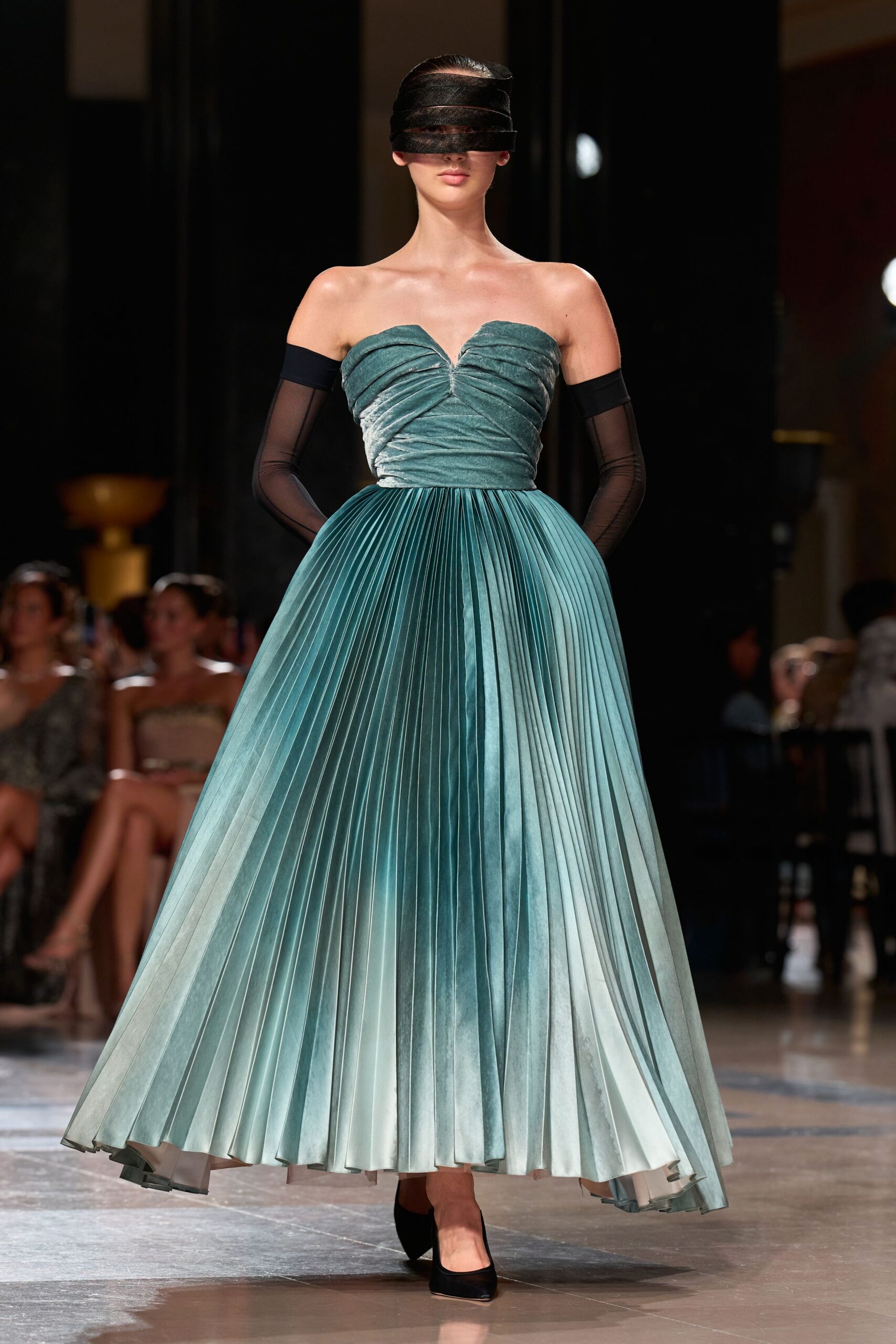 teal silk strapless v-neck fitted pleated flowing gown