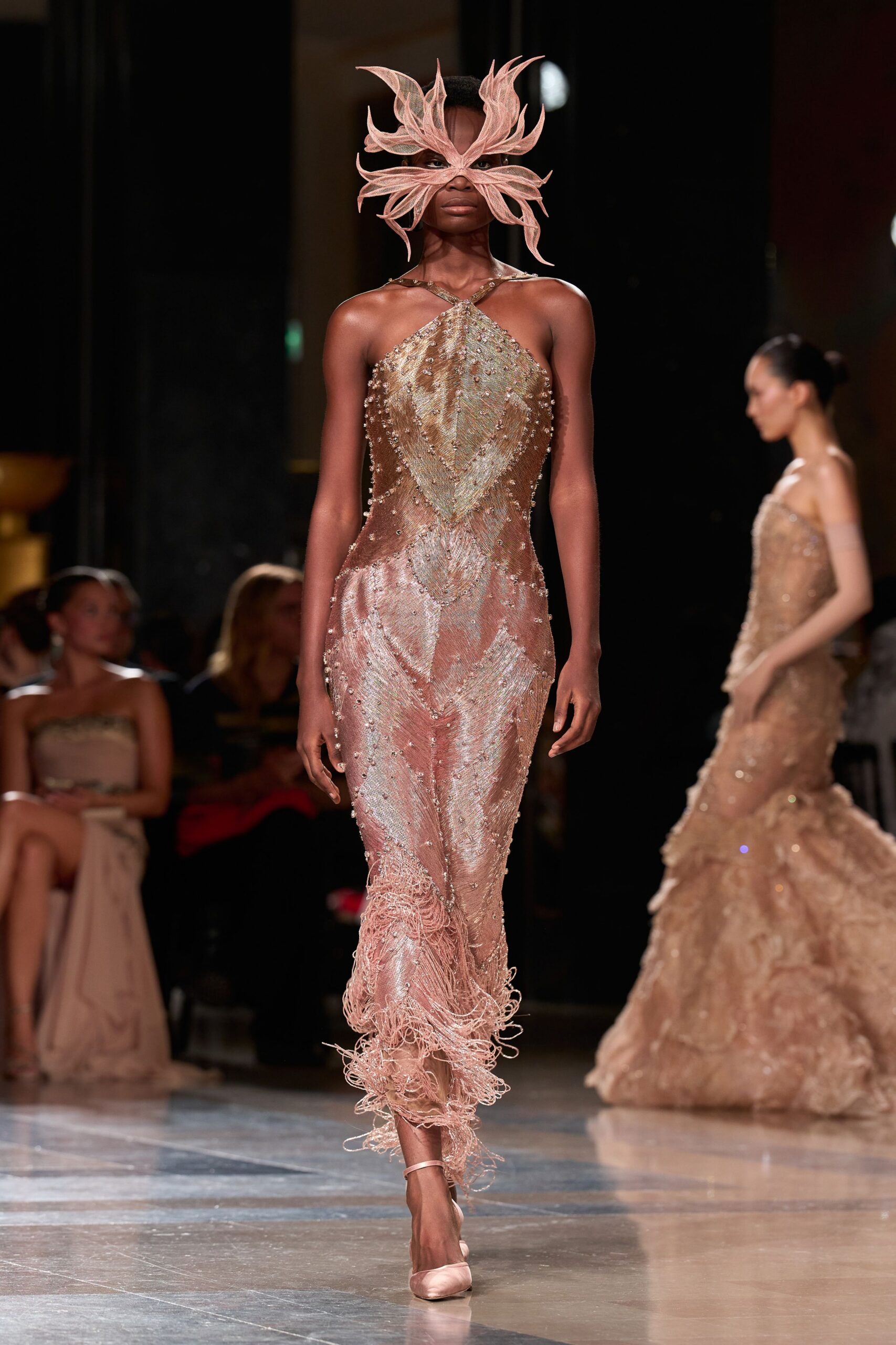 pink silk sleeveless high-neck fitted beaded fringed gown