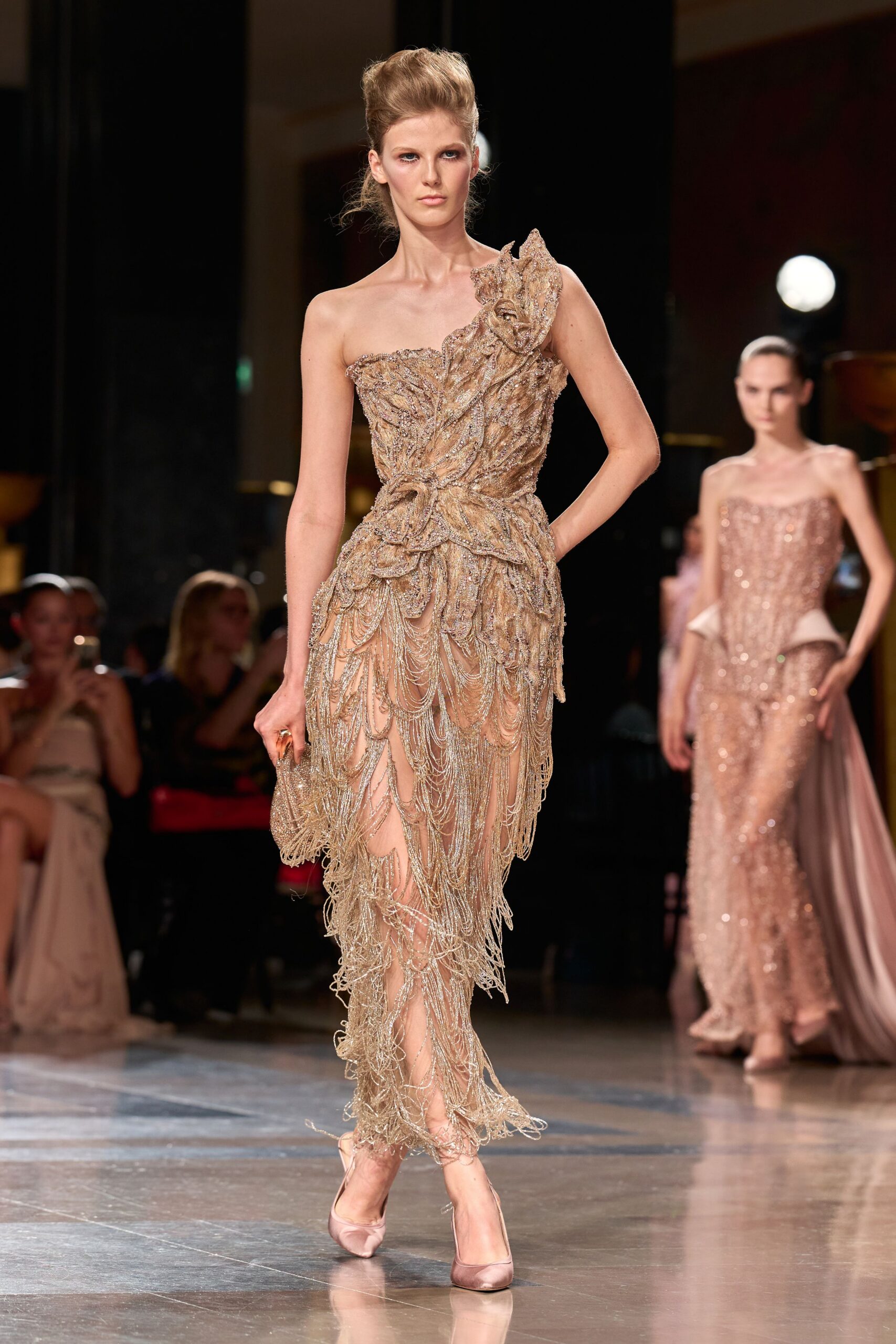 gold silk strapless asymmetric fitted beaded layered gown