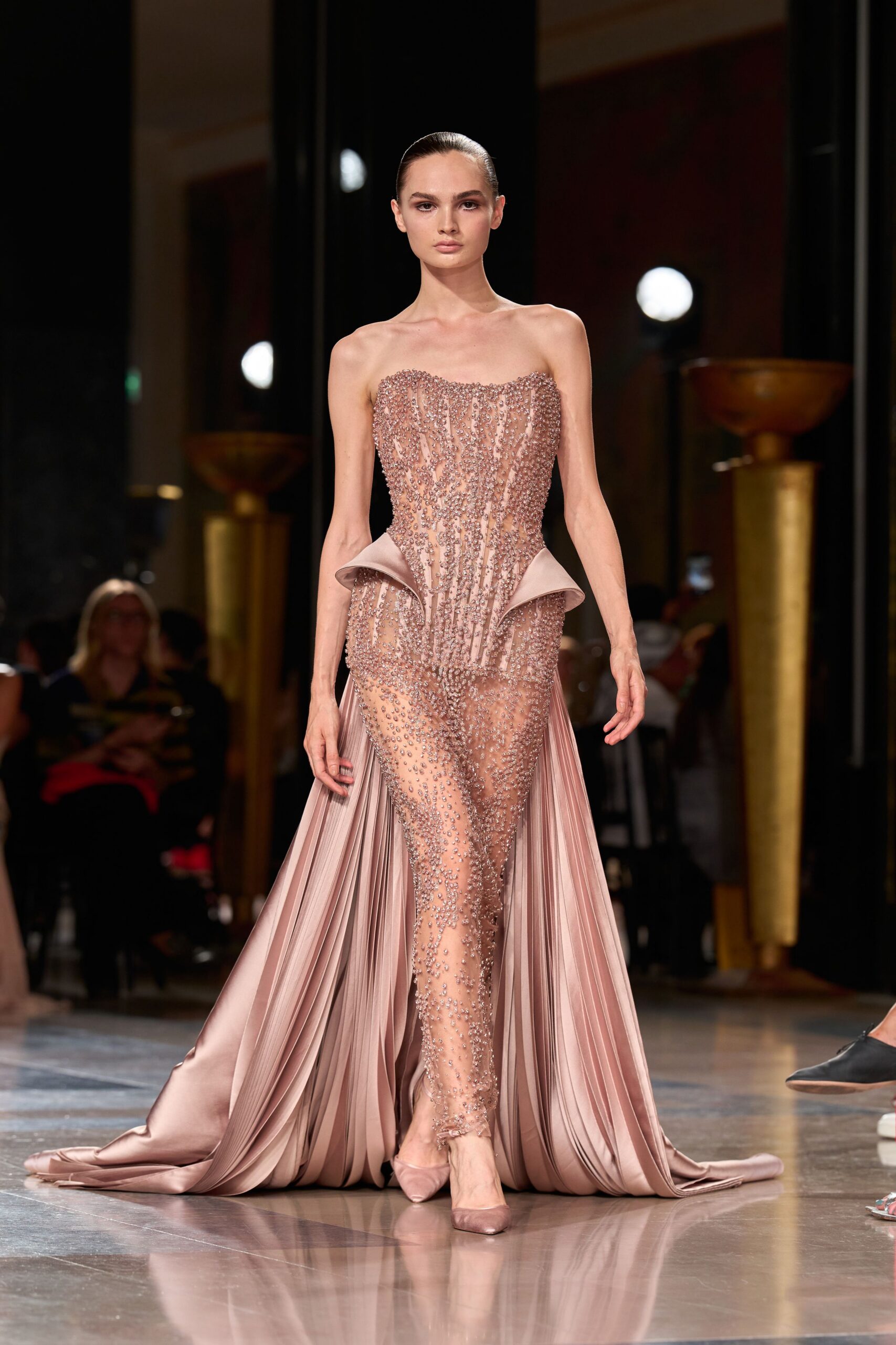 pink silk strapless fitted beaded draped flowing gown