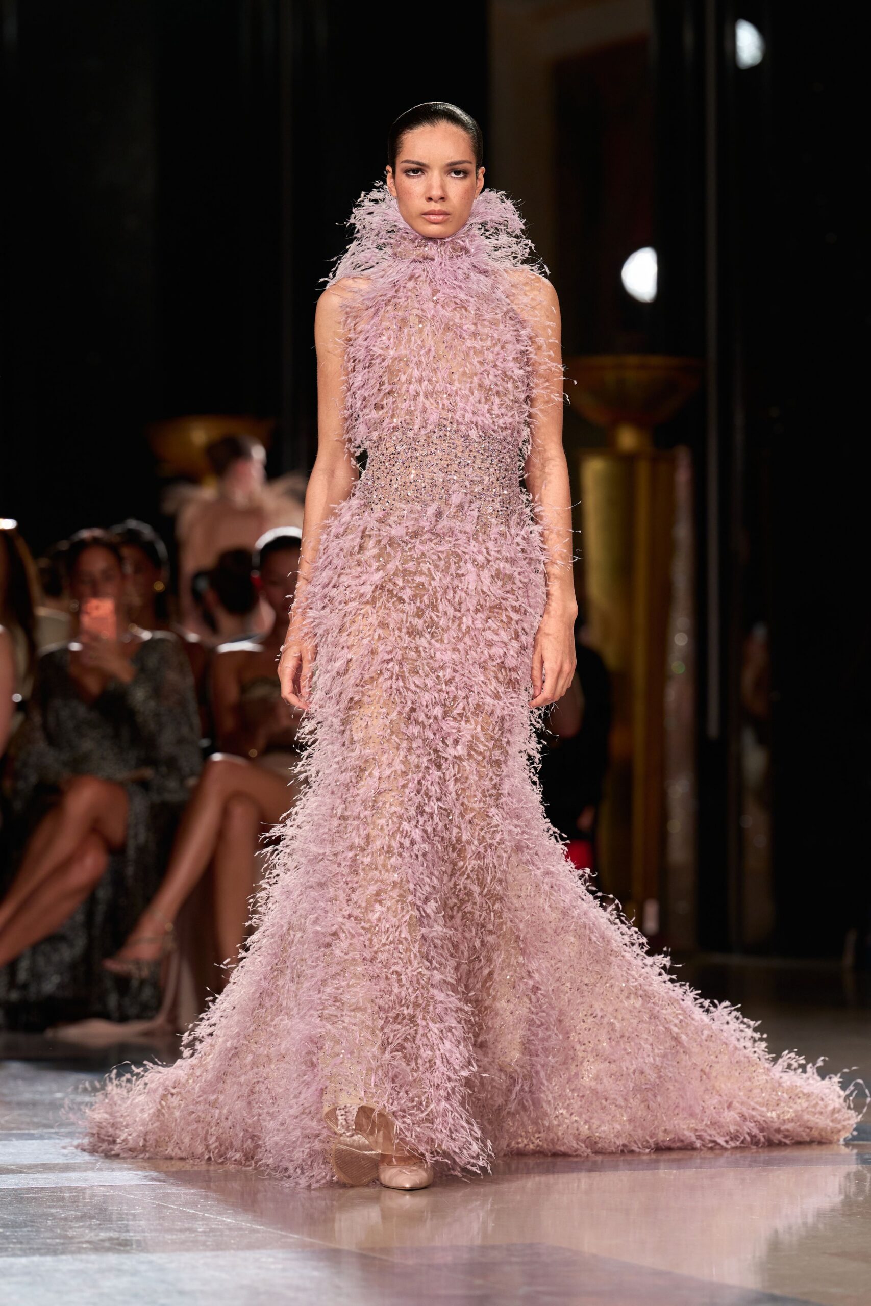 pink tulle sleeveless high-neck fitted fringed flowing gown