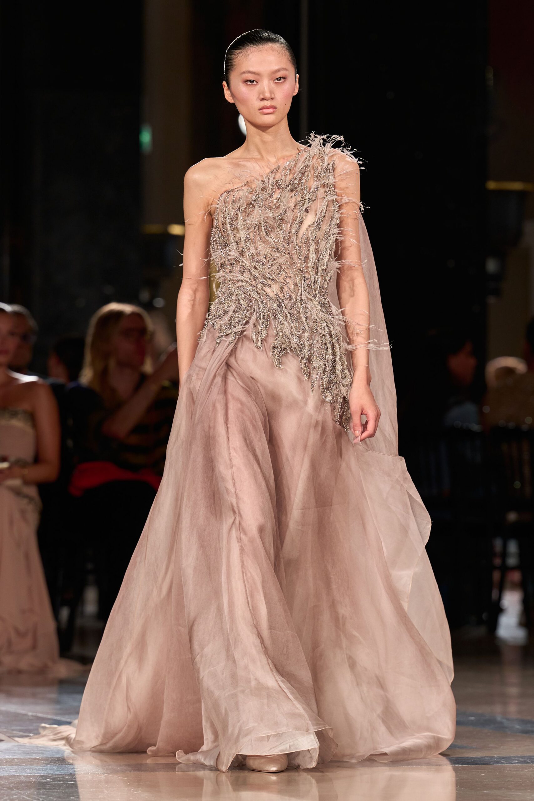 beige silk asymmetric gown