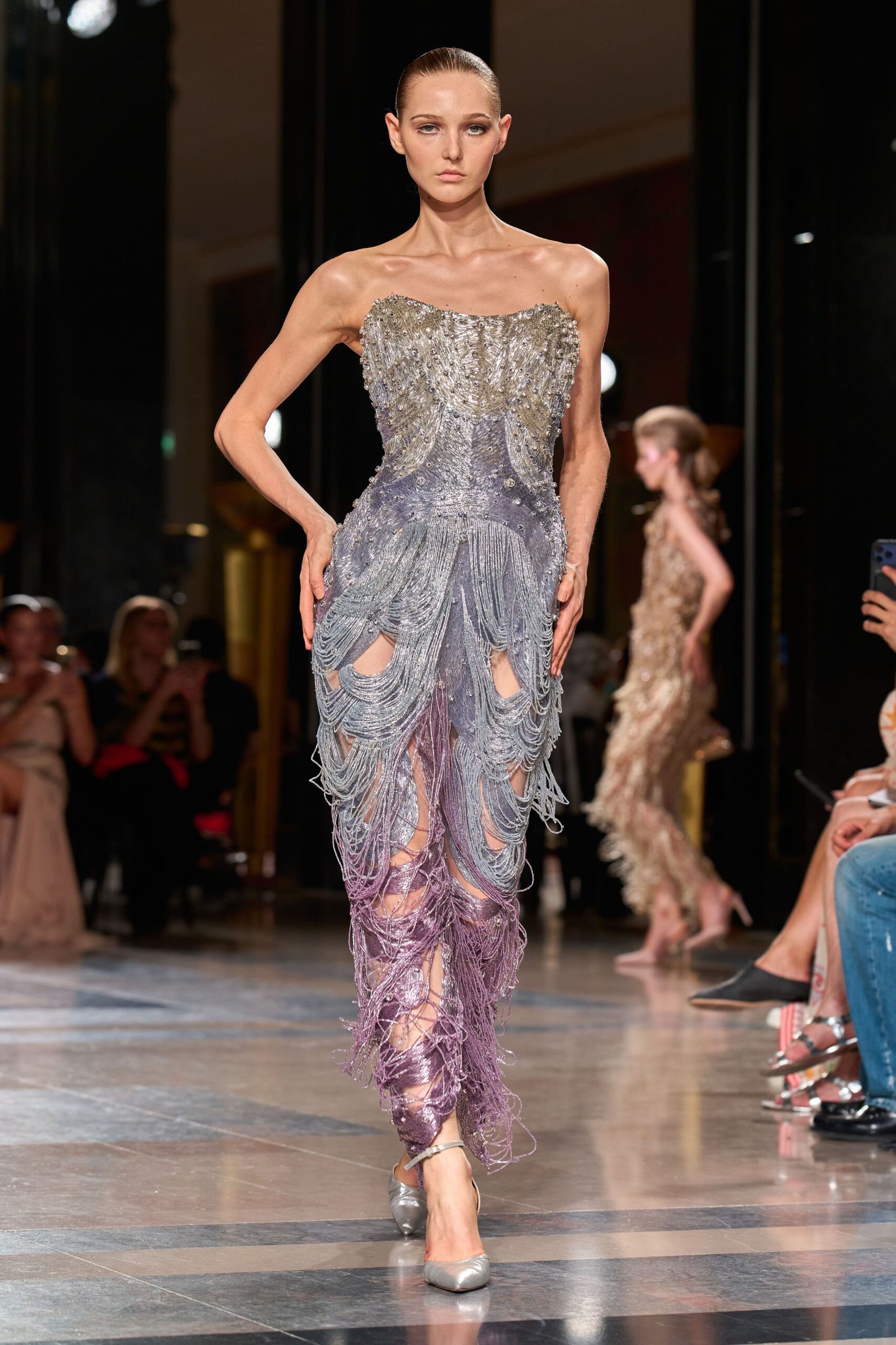 purple silk strapless fitted beaded fringed shiny gown