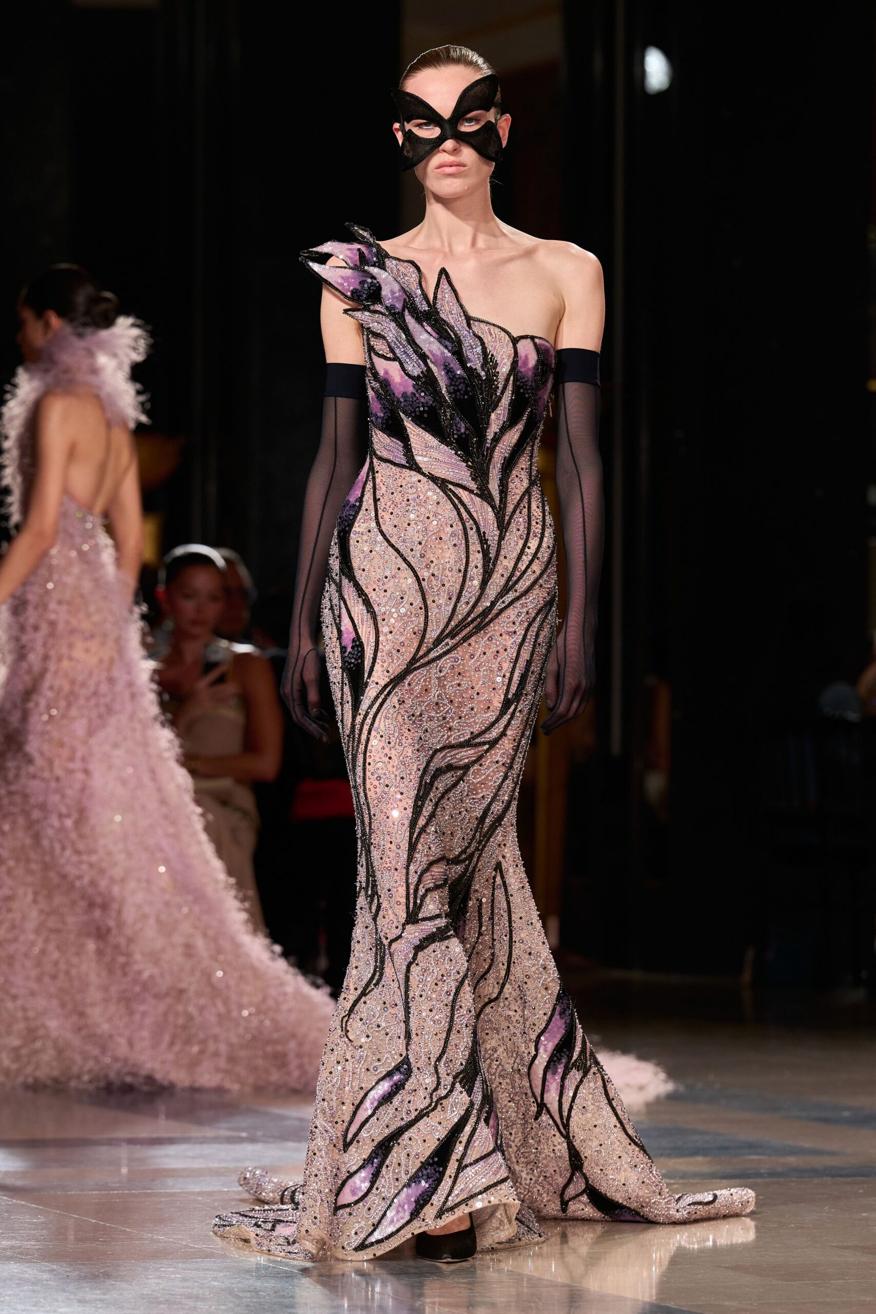 pink silk strapless fitted sequined embroidered shiny gown