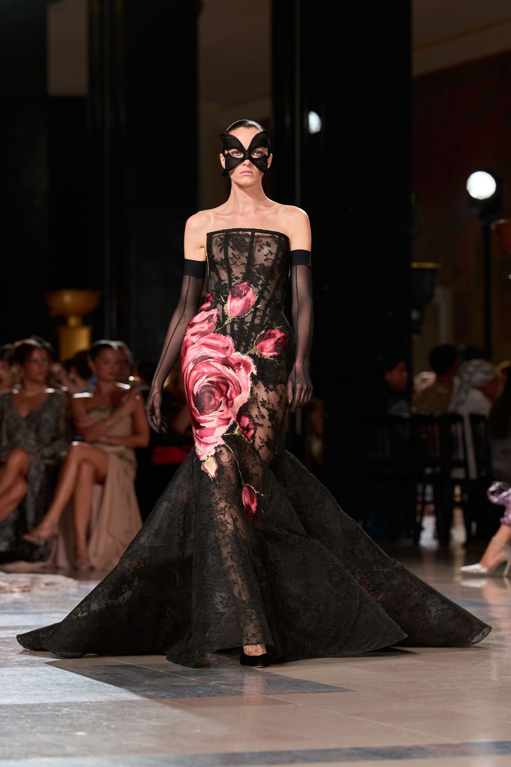 black lace strapless fitted flared embroidered maxi gown
