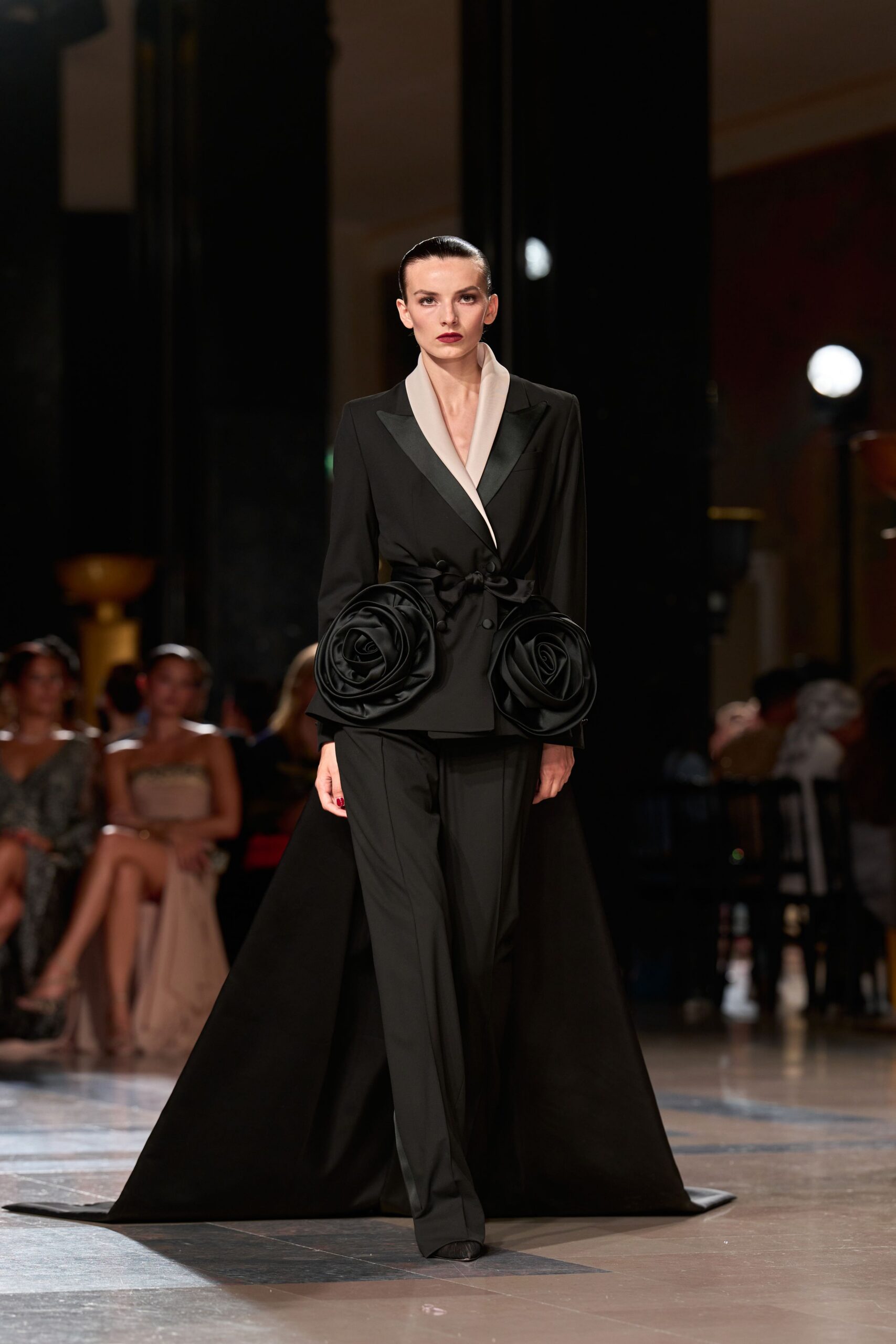 black silk long-sleeve collared fitted layered belted suit