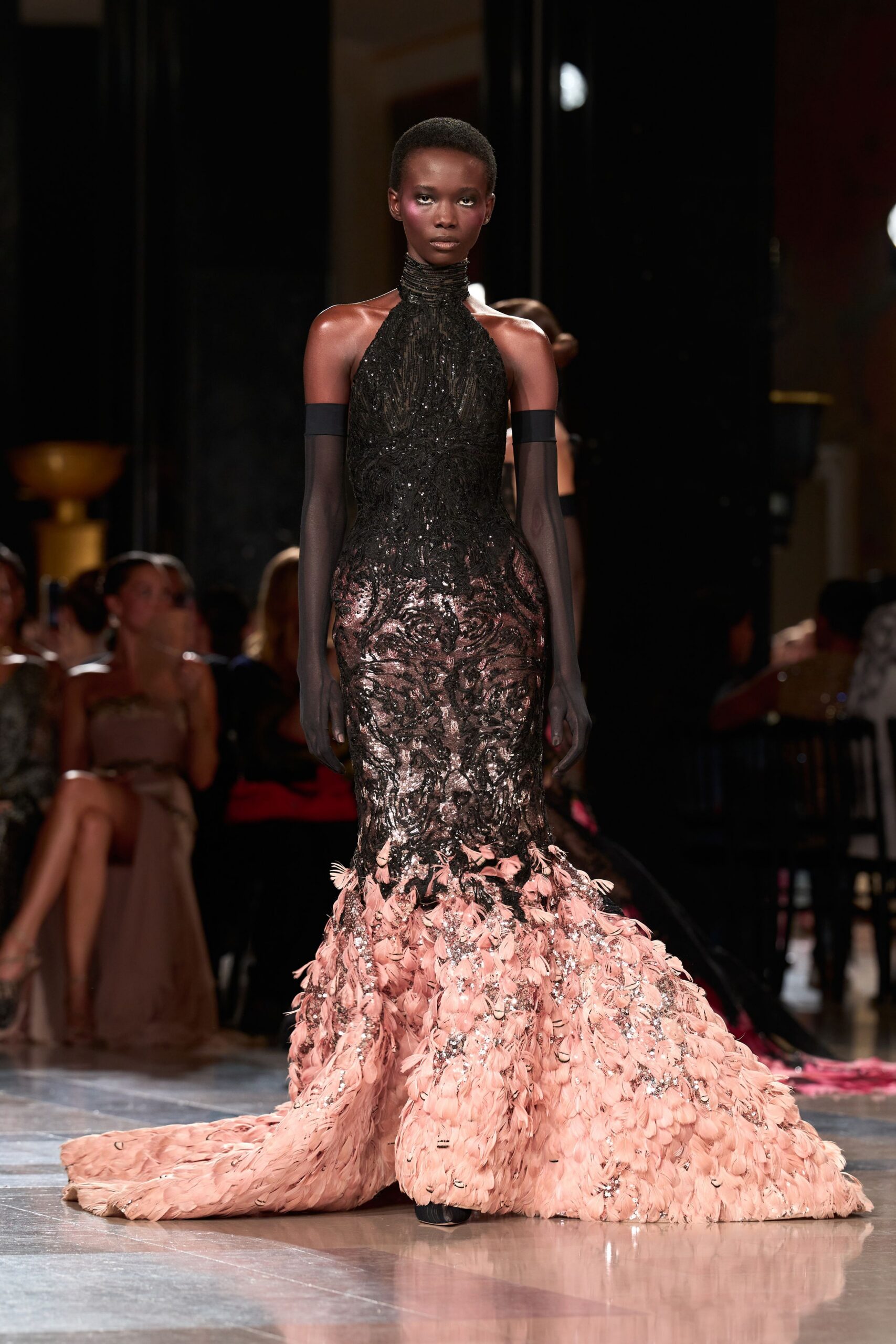 black and pink embroidered gown