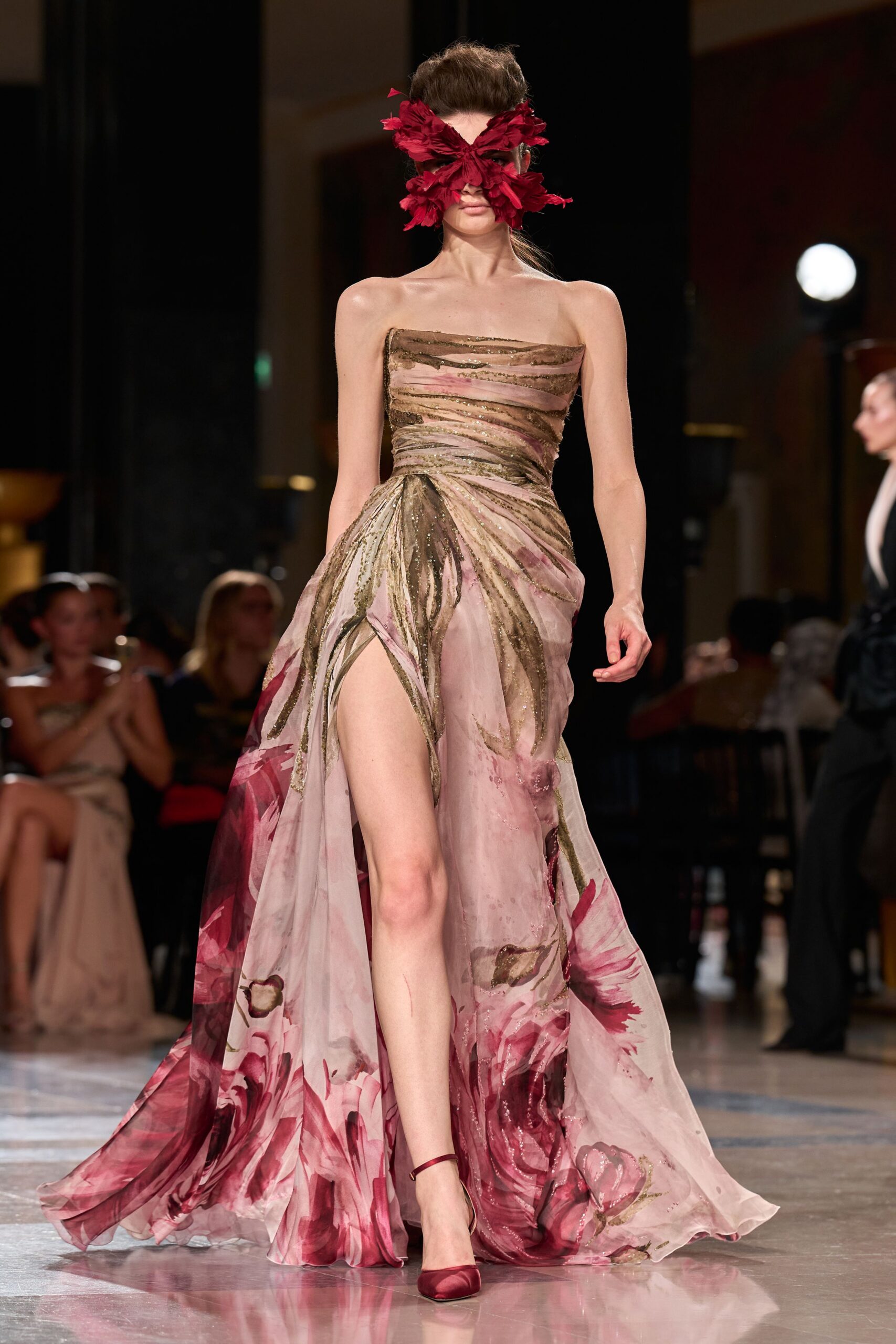 pink silk strapless high-neck fitted floral draped gown