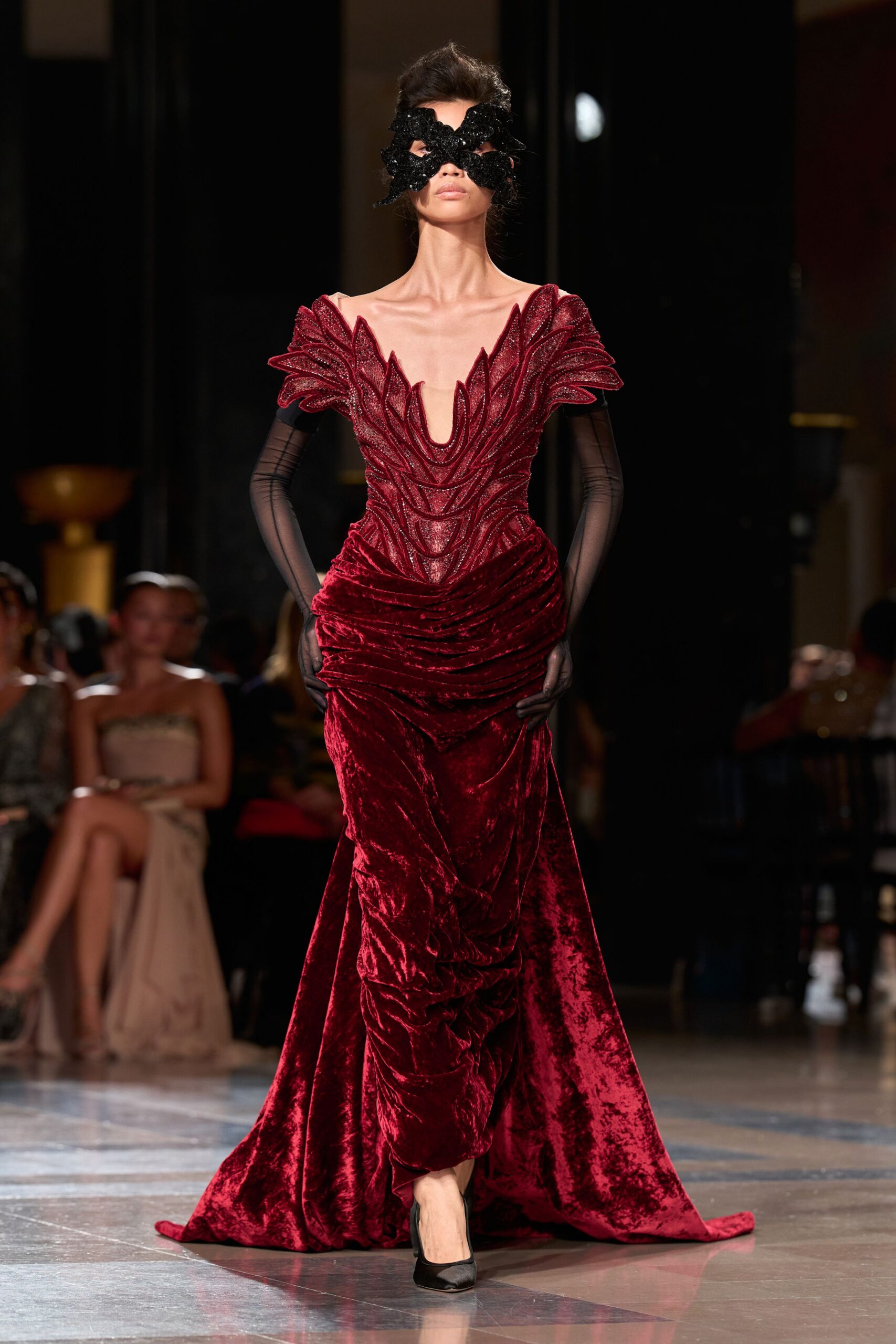 red velvet off-shoulder v-neck fitted ruffled draped gown
