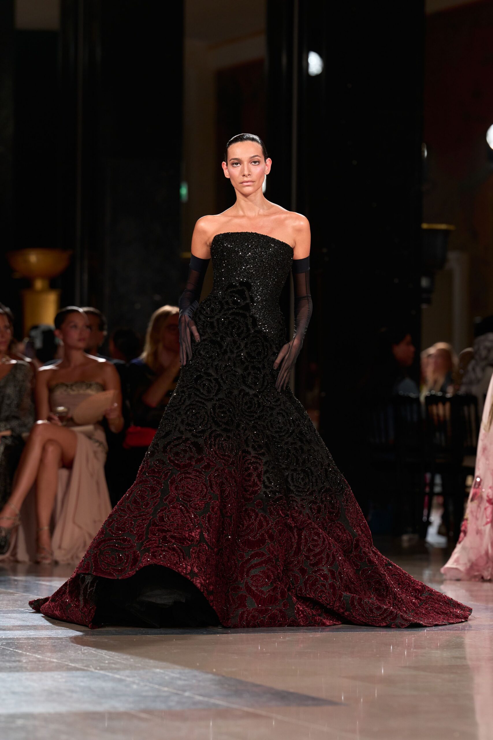 black silk strapless fitted embroidered tiered maxi gown