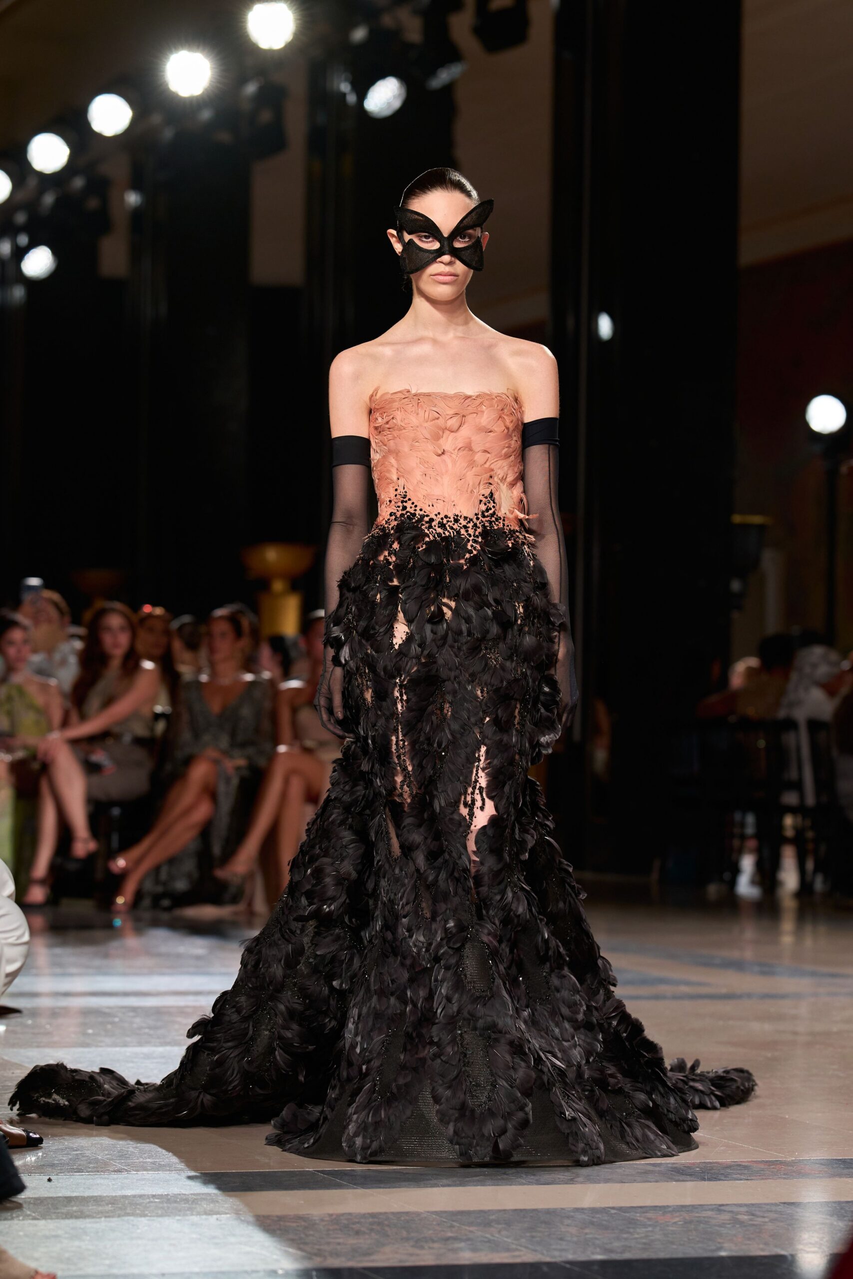 black feather strapless fitted ruffled layered maxi gown