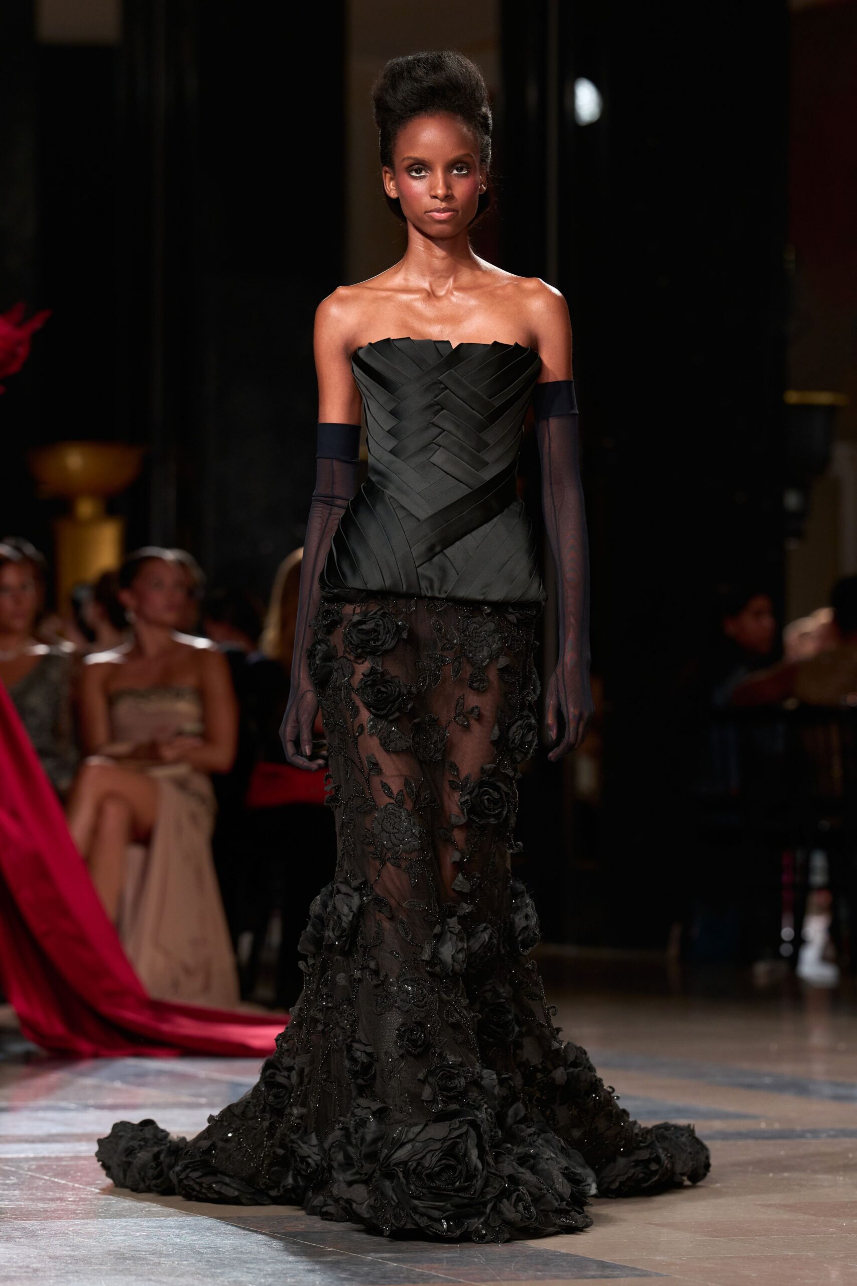 black silk strapless fitted pleated flared sheer gown