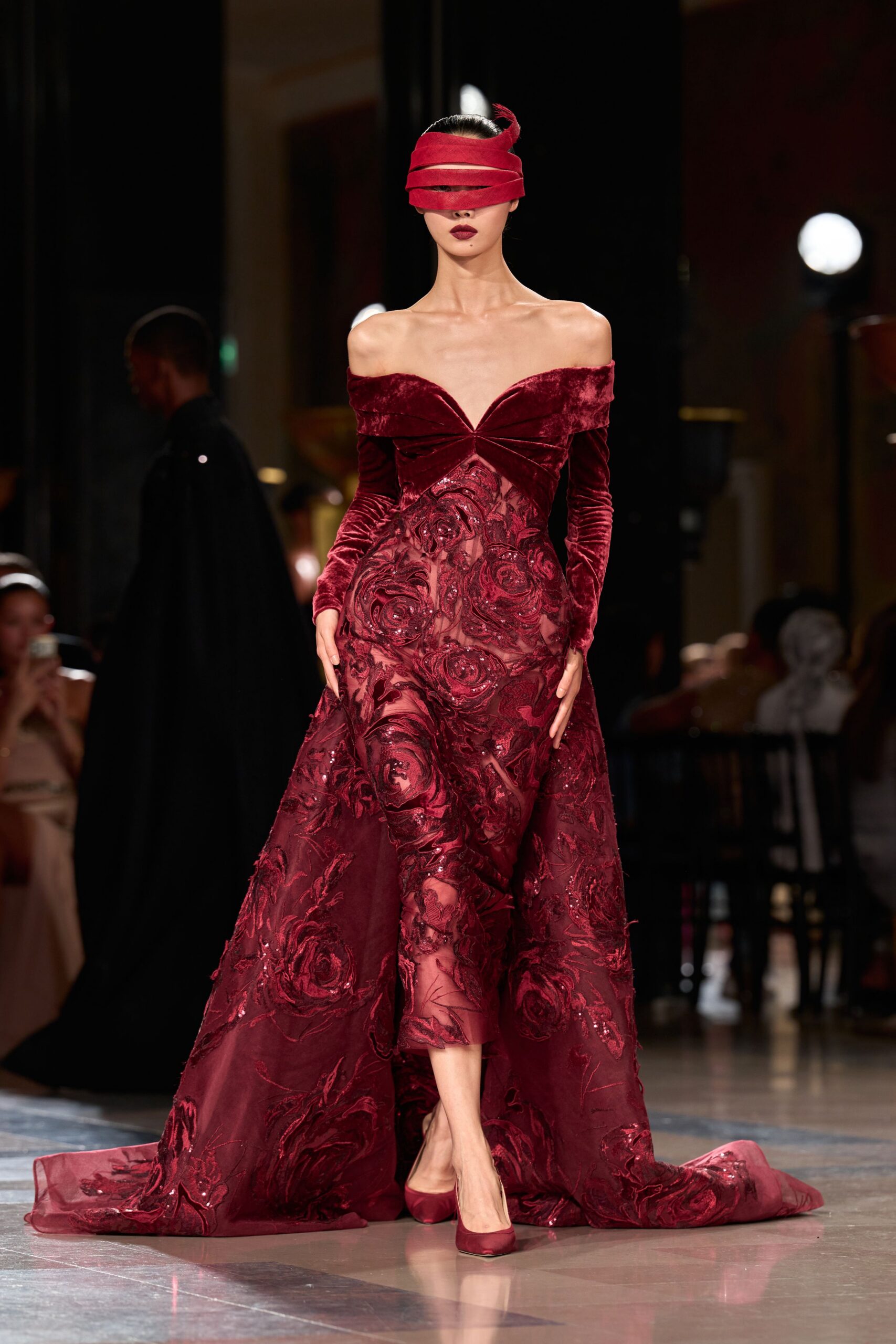 red velvet long-sleeve off-shoulder fitted embellished flared gown
