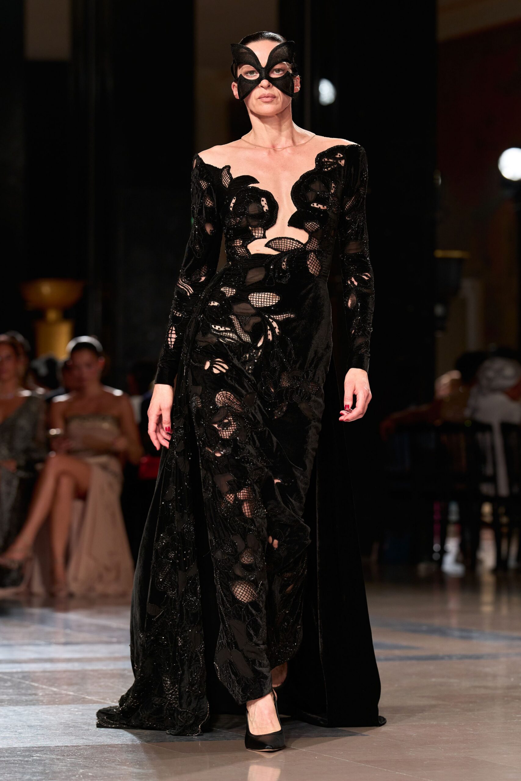 black velvet long-sleeve off-shoulder fitted embroidered maxi gown