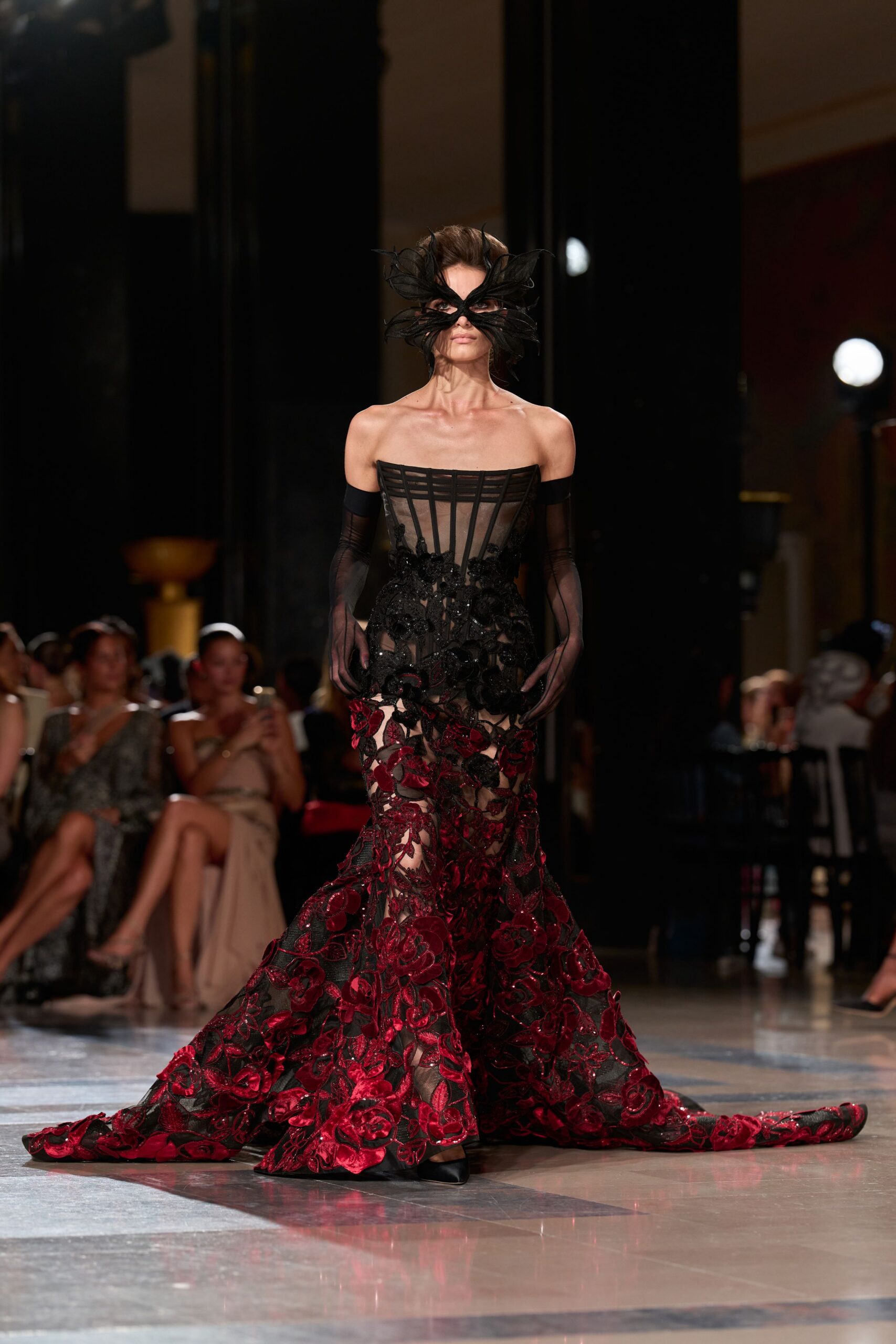 black and red embroidered gown