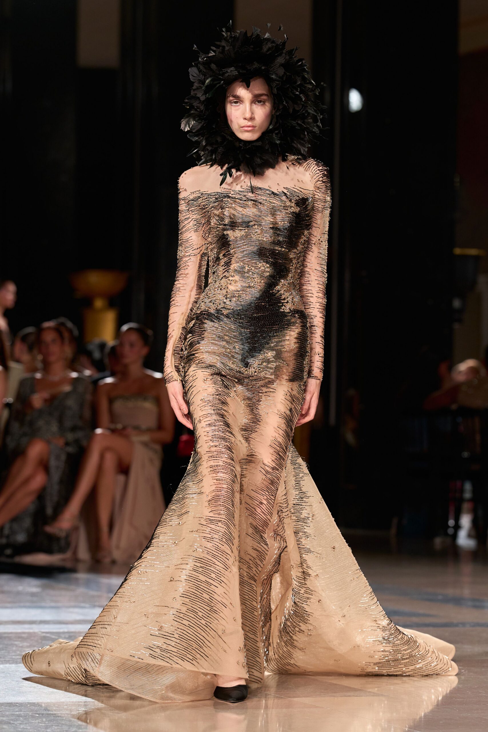 gold silk long-sleeve off-shoulder fitted pleated gown