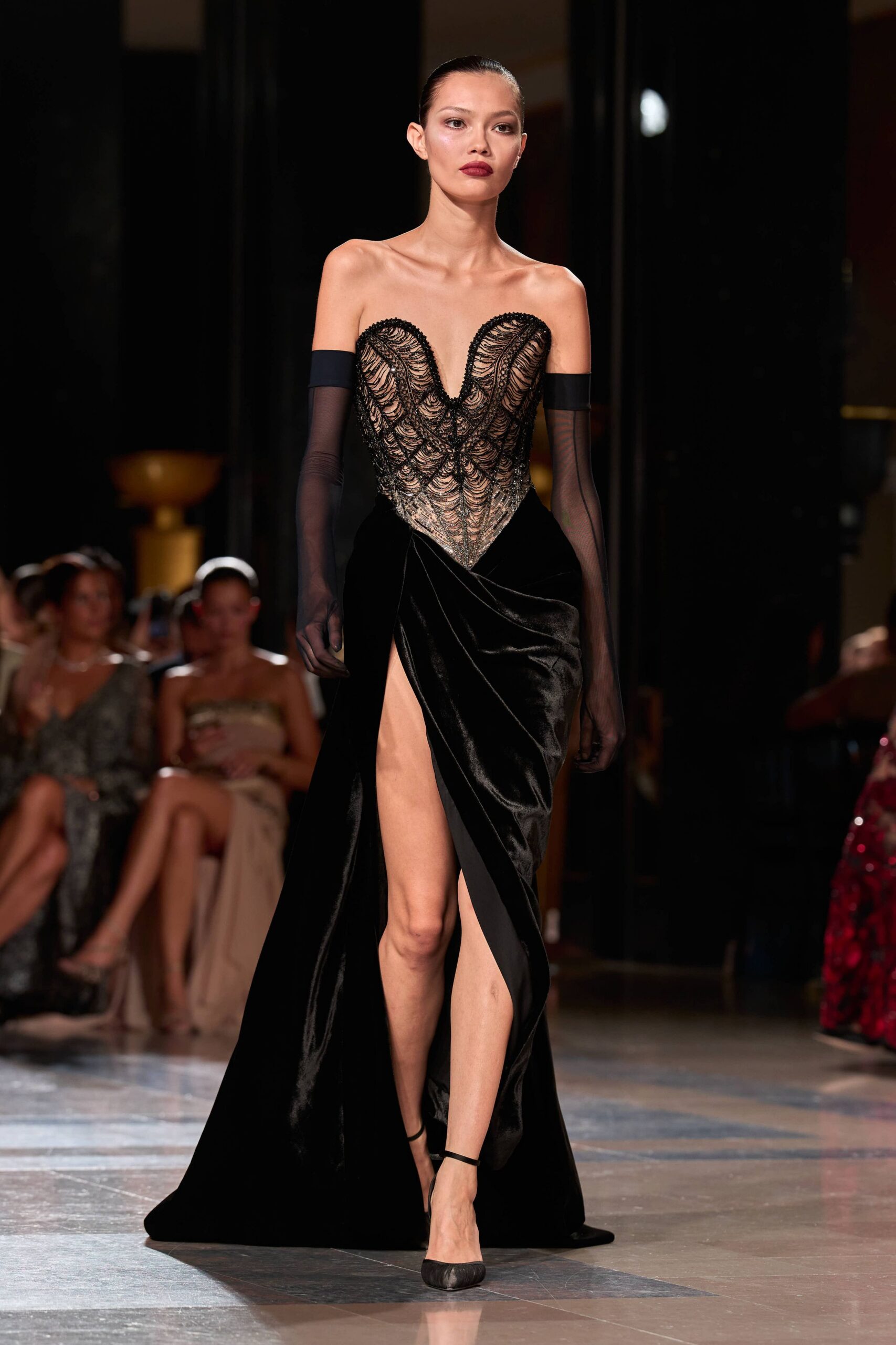 black velvet strapless high-neck fitted embroidered ruched gown